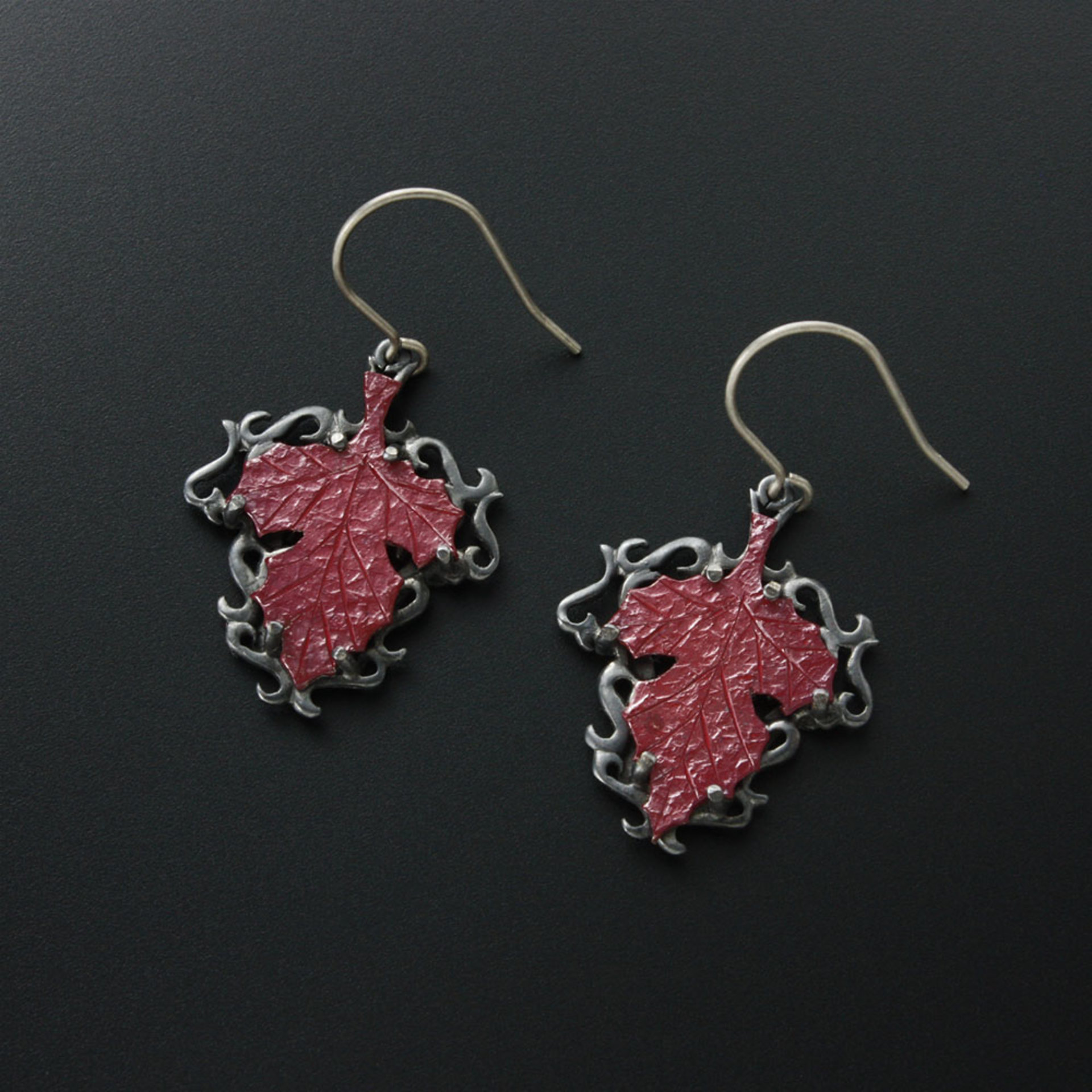 Red autumn leaf Goth taste oxidized silver Earrings.