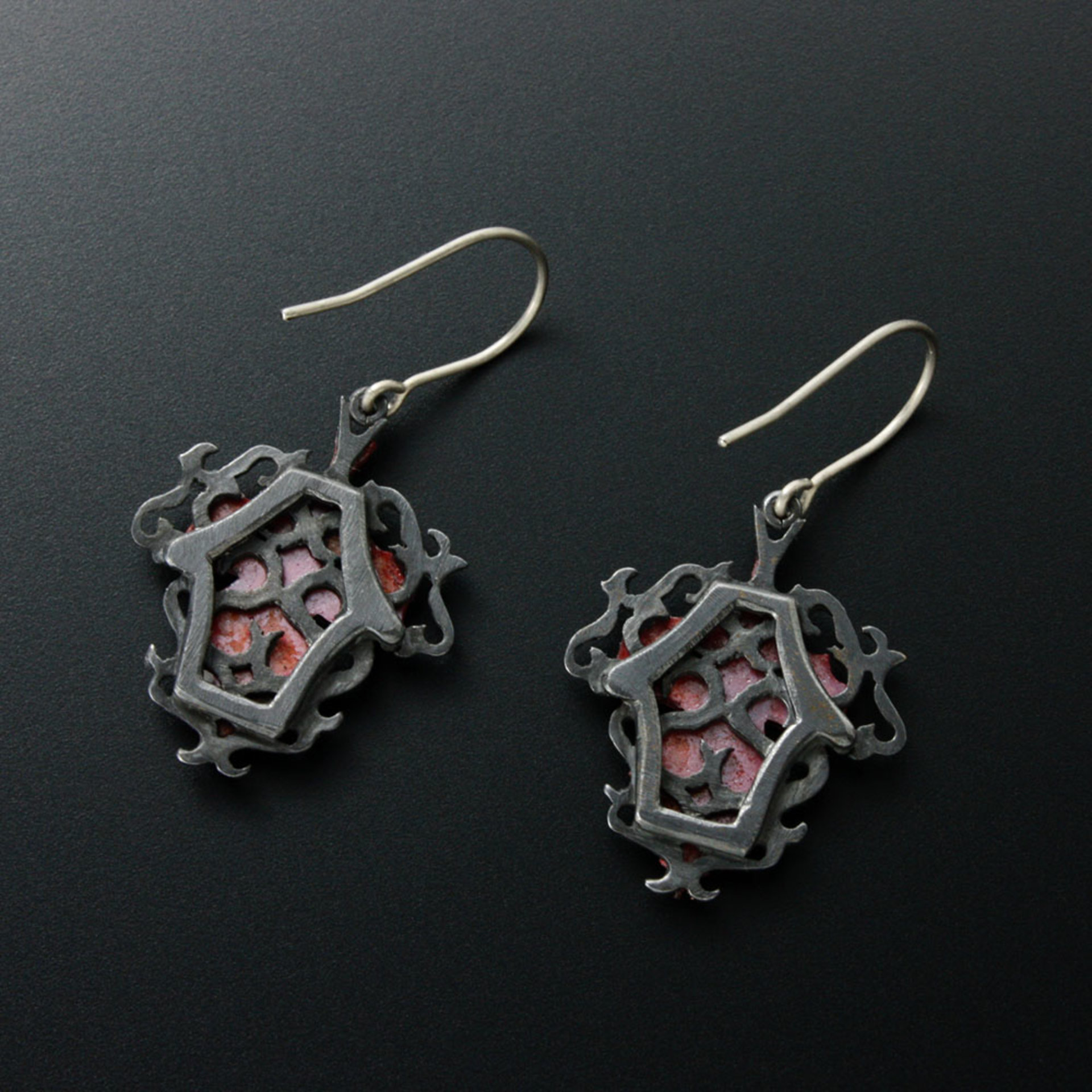 Red autumn leaf Goth taste oxidized silver Earrings.