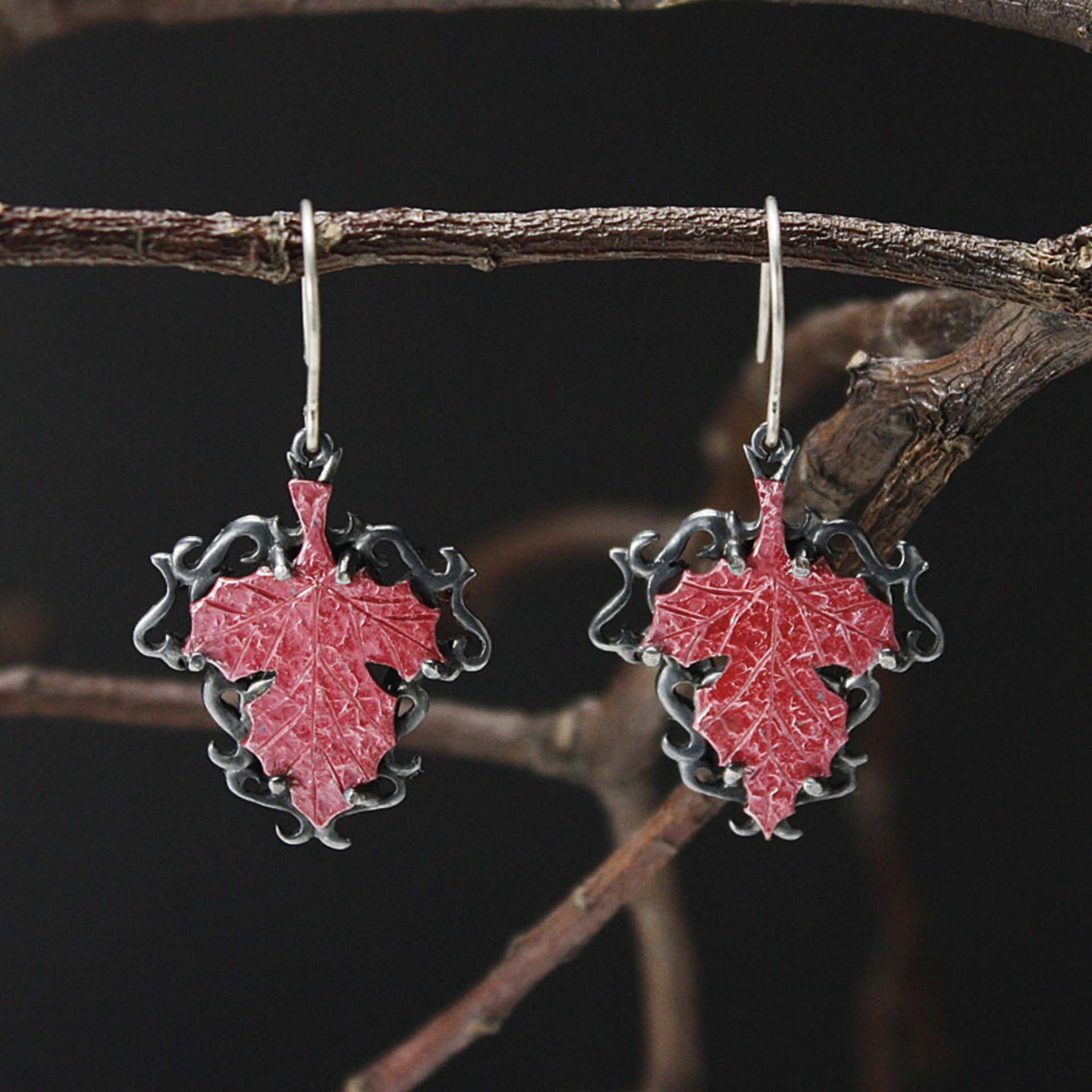 Red autumn leaf Goth taste oxidized silver Earrings.