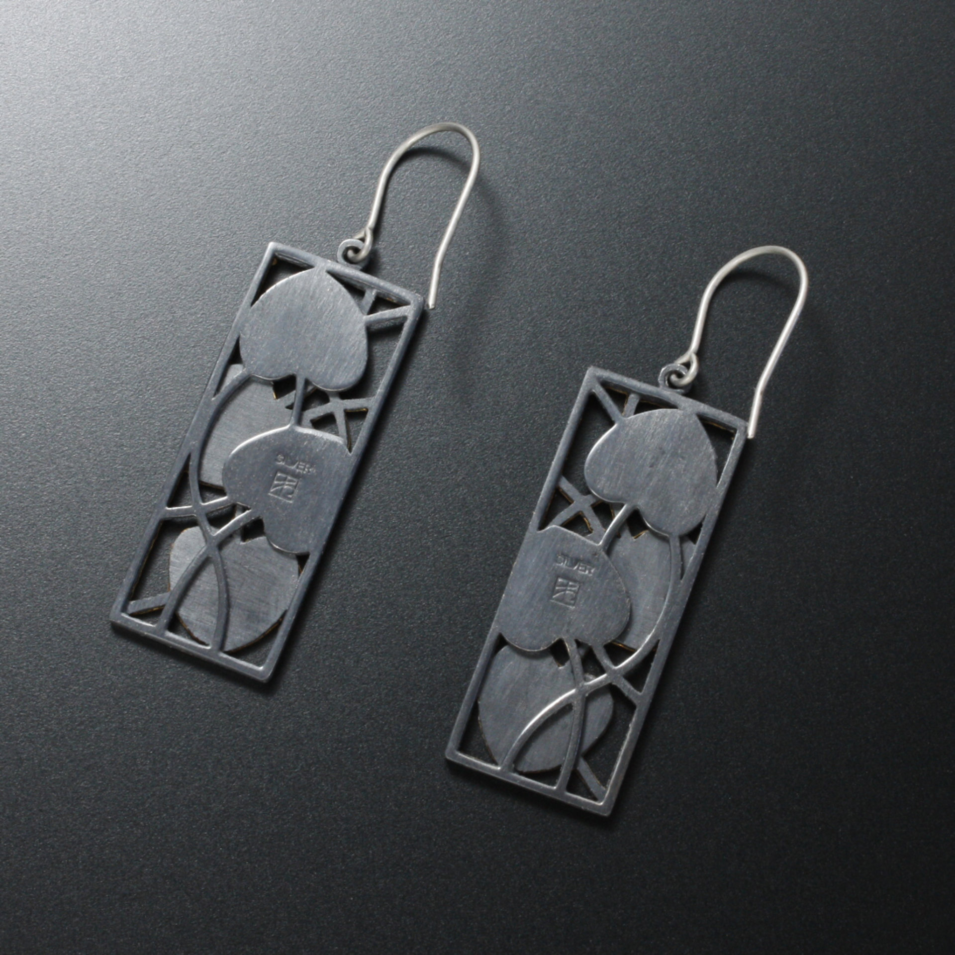 Art Nouveau gold leaf earrings of oxidized silver and Keum Boo