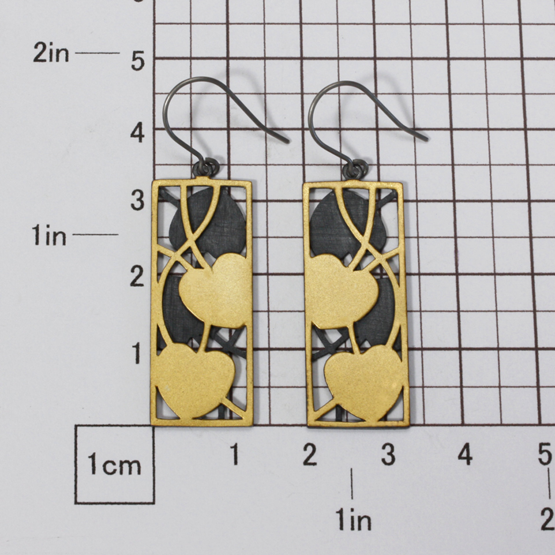 Art Nouveau gold leaf earrings of oxidized silver and Keum Boo