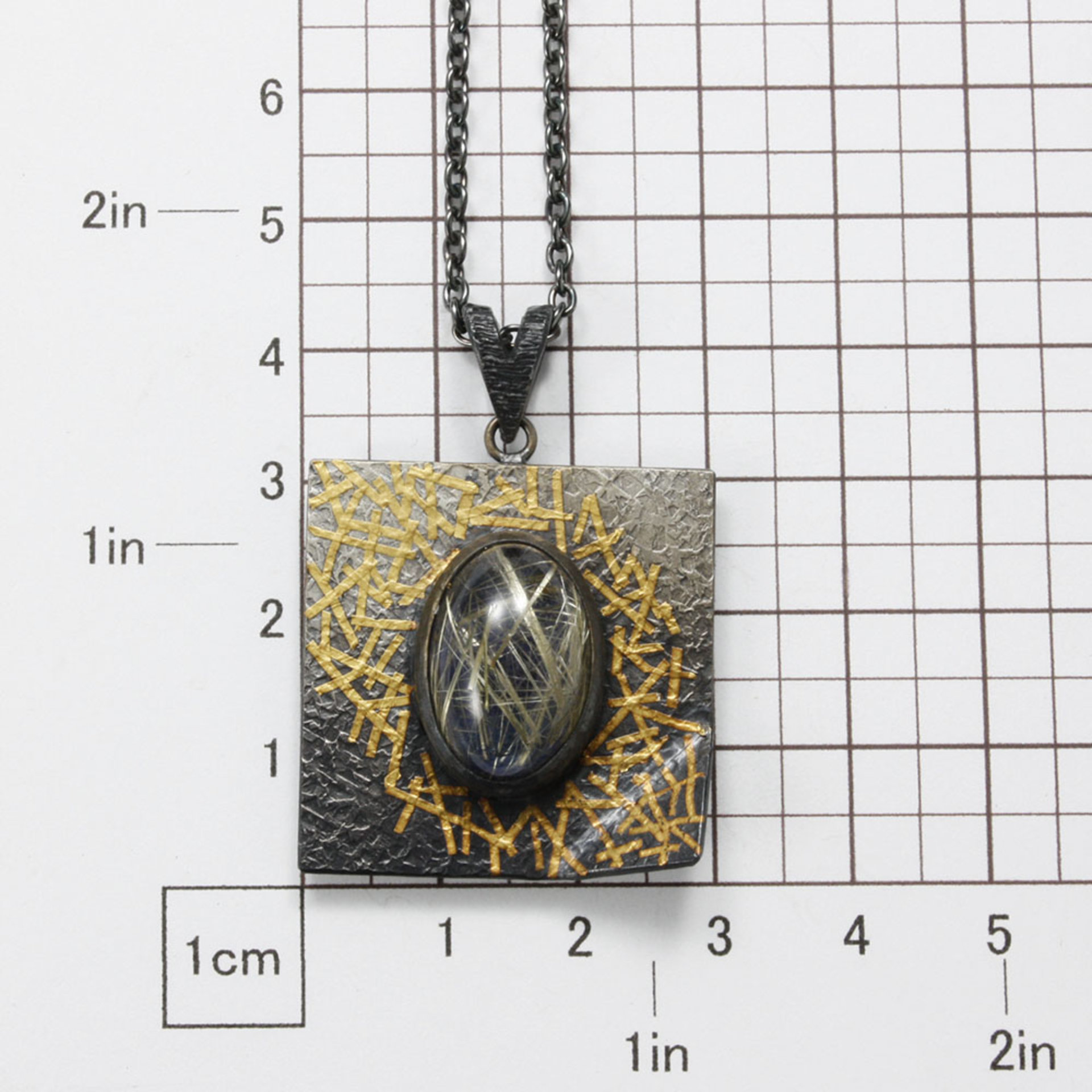 Oval rutilated quartz Keum Boo oxidized silver pendant necklace