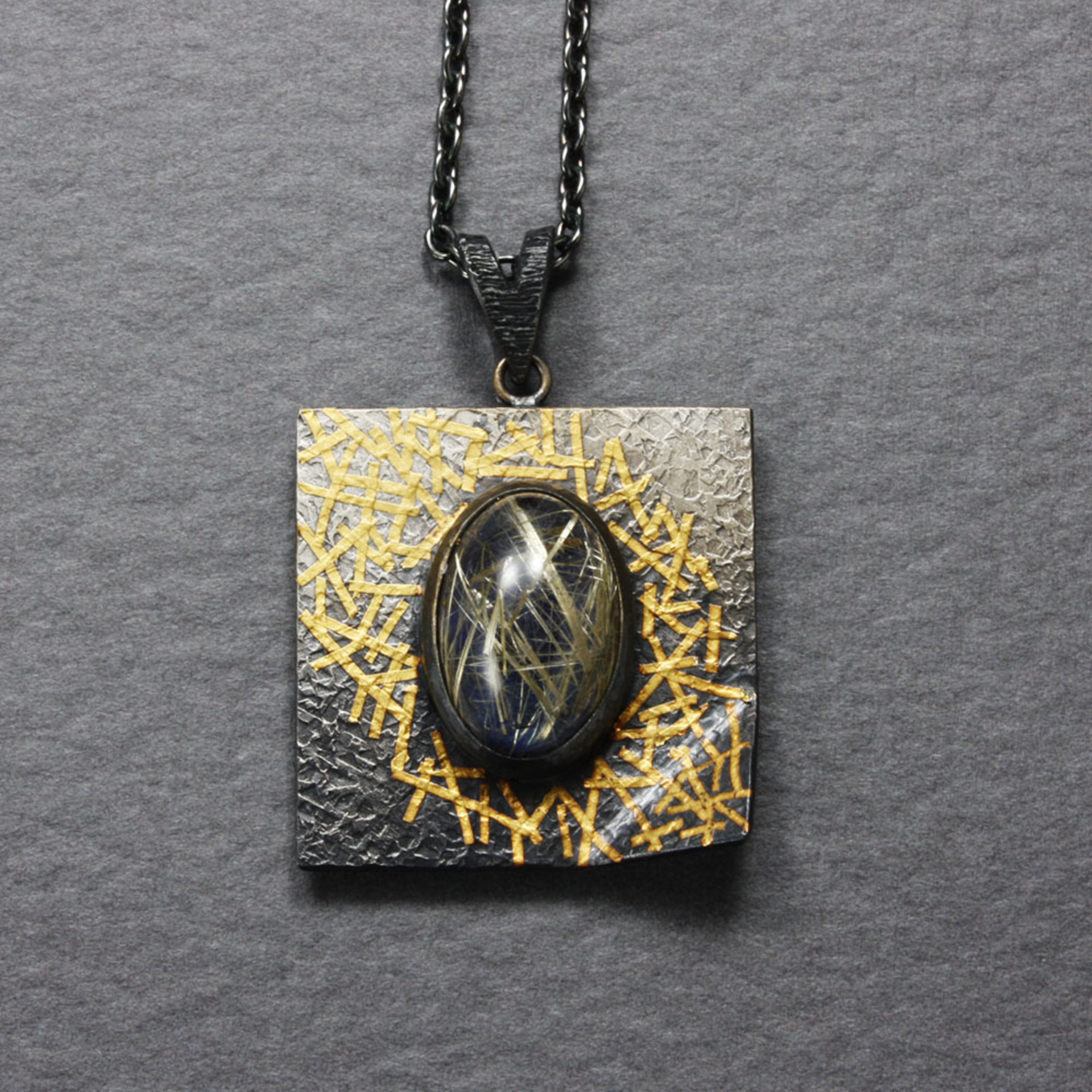 Oval rutilated quartz Keum Boo oxidized silver pendant necklace