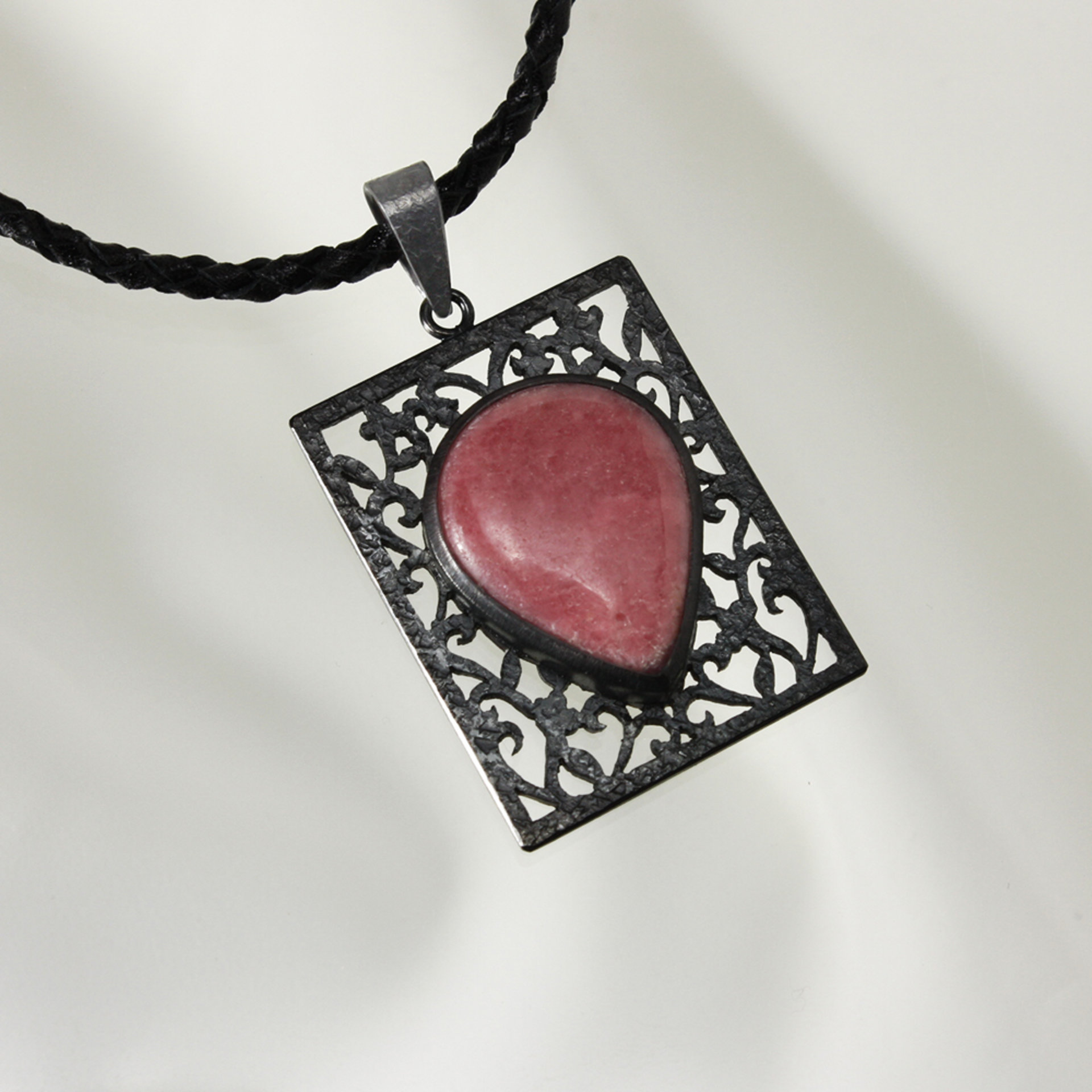 Rhodonite oxidized silver open work pendant necklace