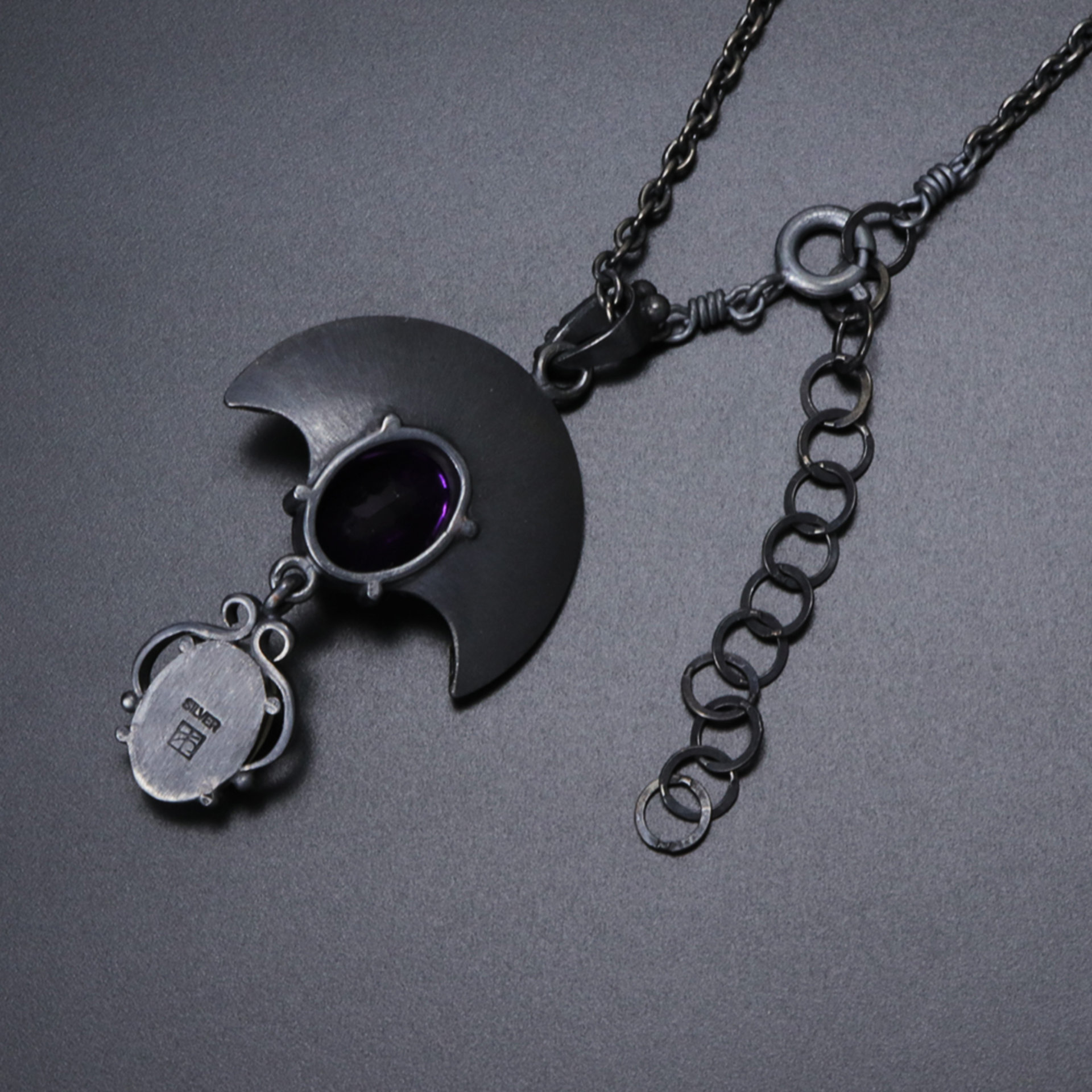 Openwork arch pendant, oxidized silver and gold leaf, amethyst and opal necklace