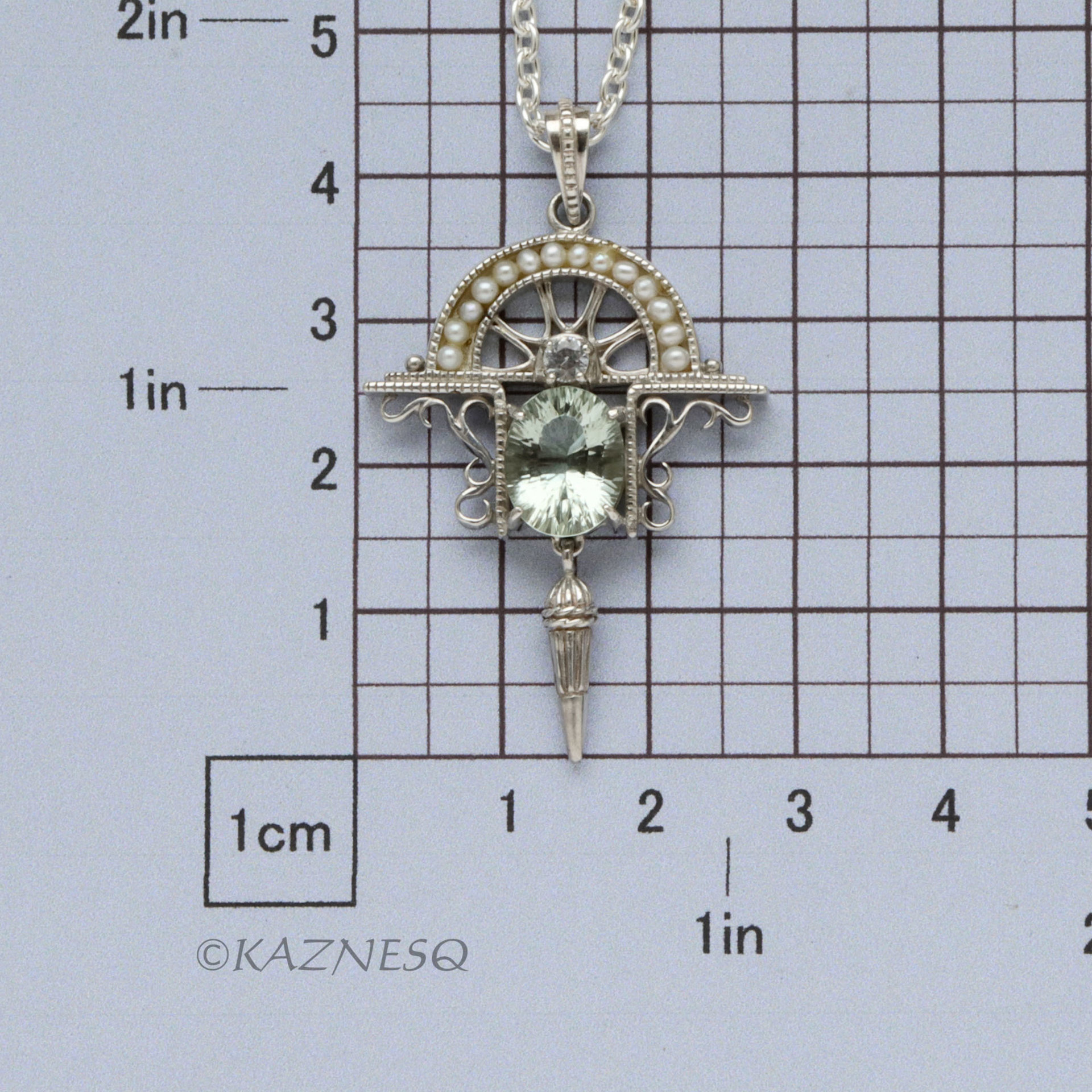 (C) KAZNESQ: Art Deco style Green Amethyst and white sapphire Arch shape Silver
