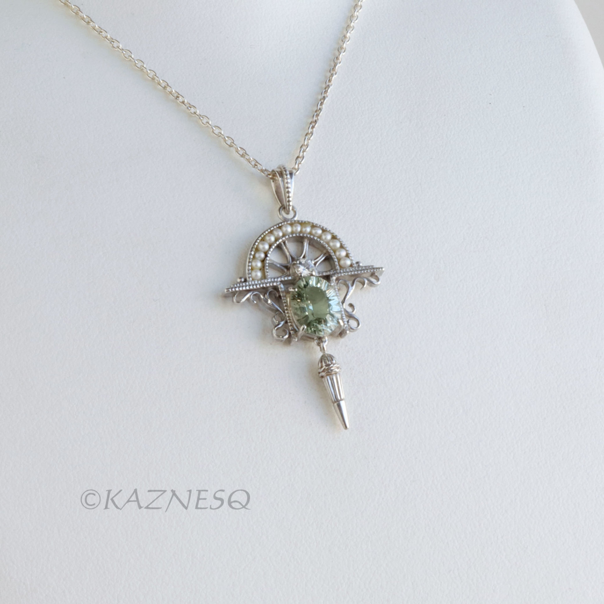 (C) KAZNESQ: Art Deco style Green Amethyst and white sapphire Arch shape Silver