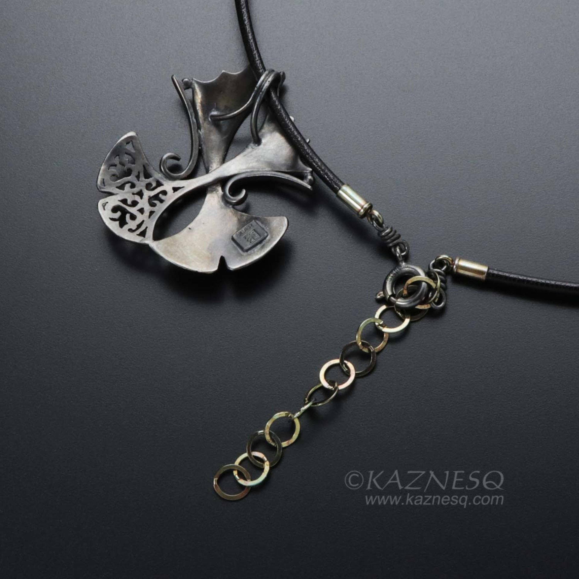 Oxidized silver ginkgo pendant necklace with Keum Boo, openwork, and a taste of