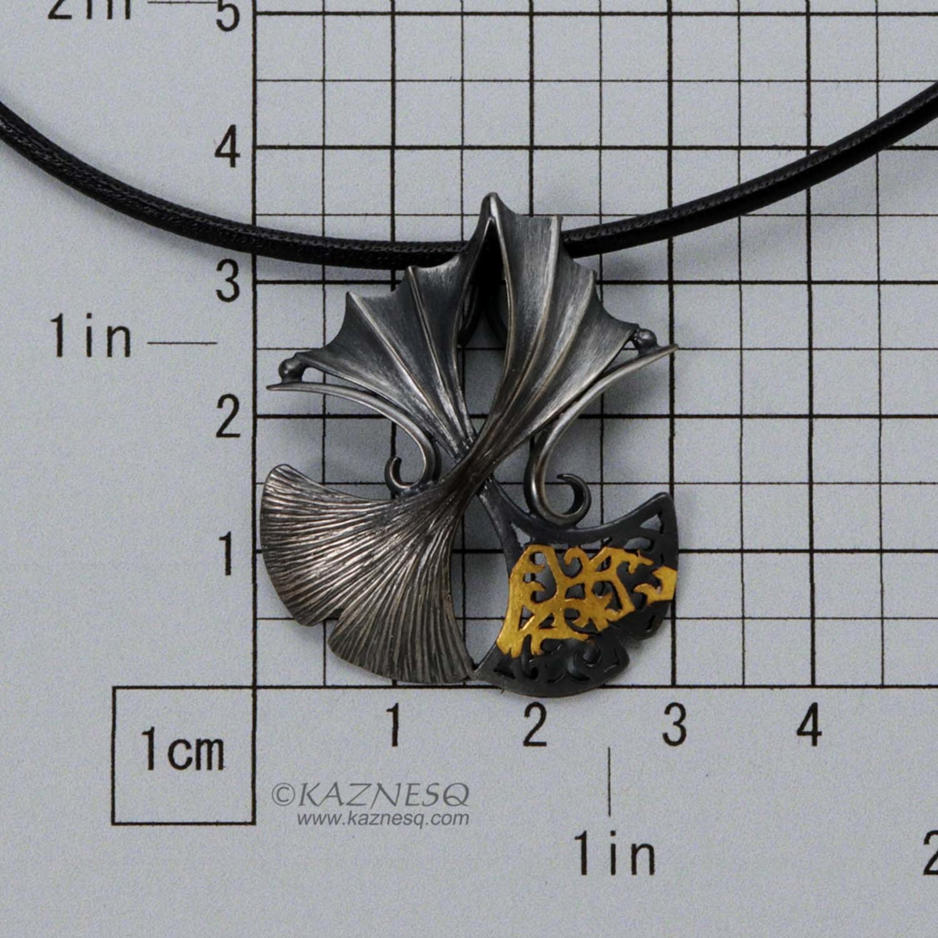 Oxidized silver ginkgo pendant necklace with Keum Boo, openwork, and a taste of