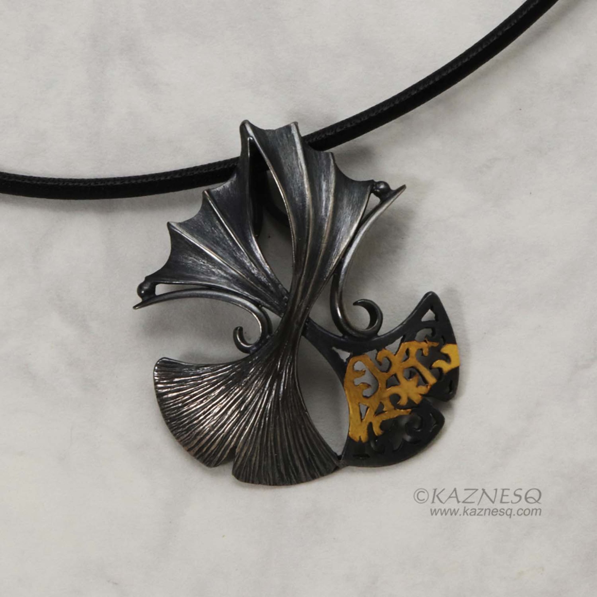 Oxidized silver ginkgo pendant necklace with Keum Boo, openwork, and a taste of