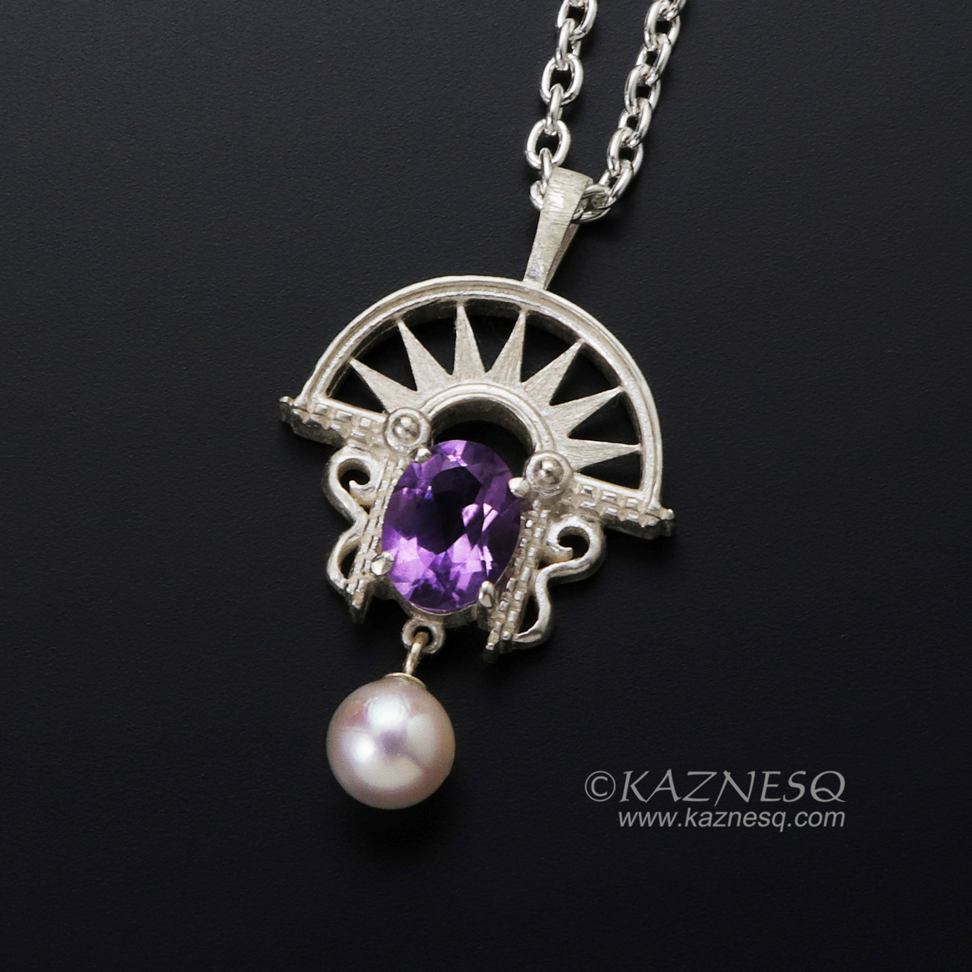 Art Deco style amethyst and akoya sterling silver pendant necklace