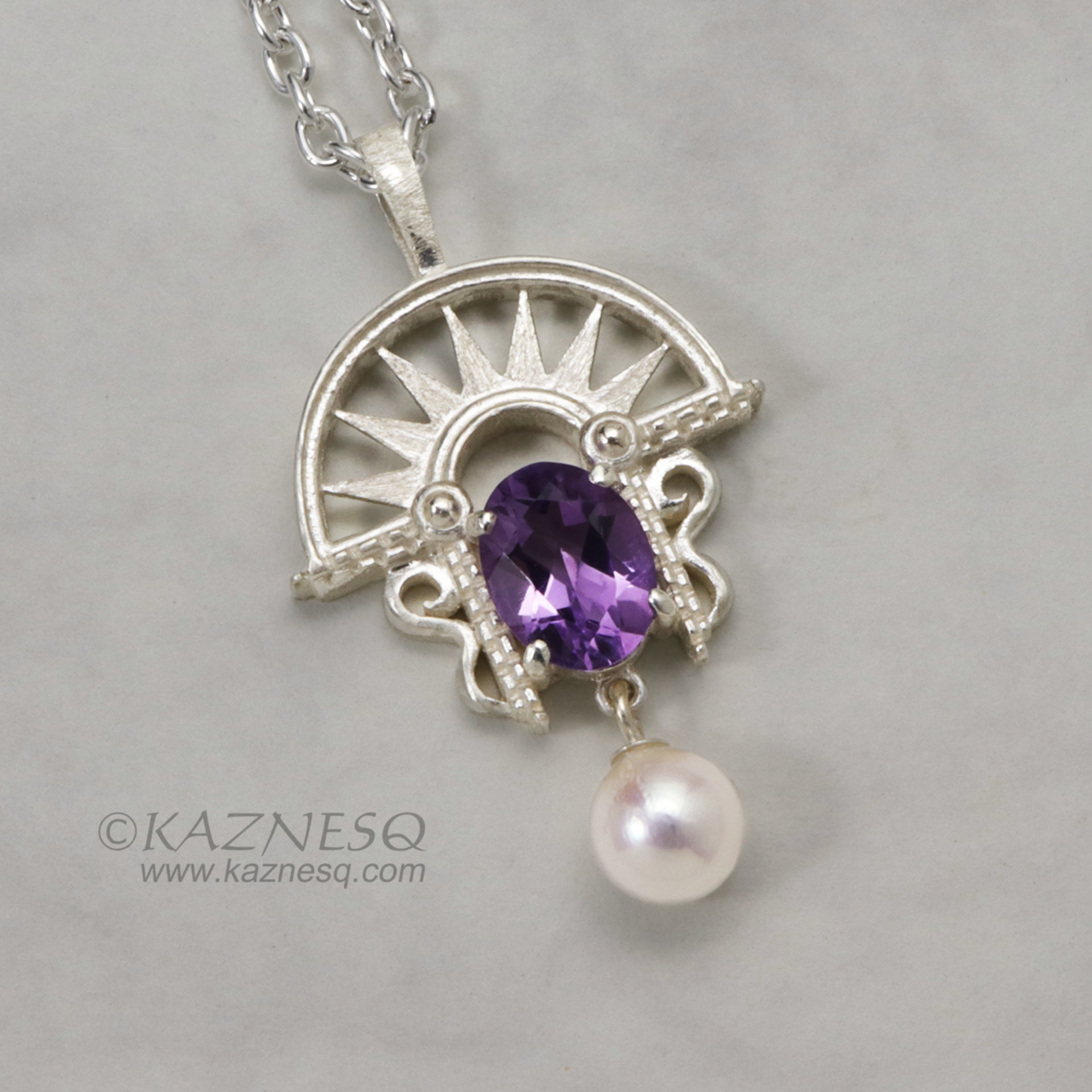Art Deco style amethyst and akoya sterling silver pendant necklace