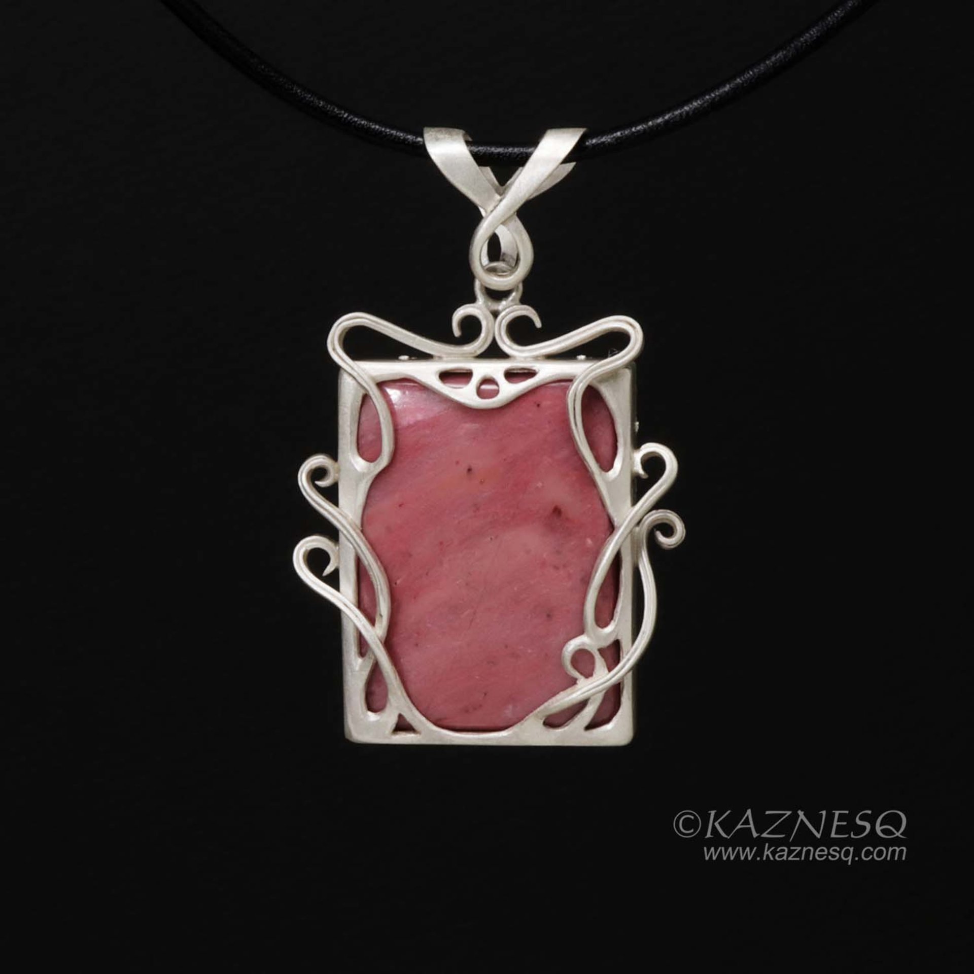 Pink stone Art Nouveau style silver pendant necklace