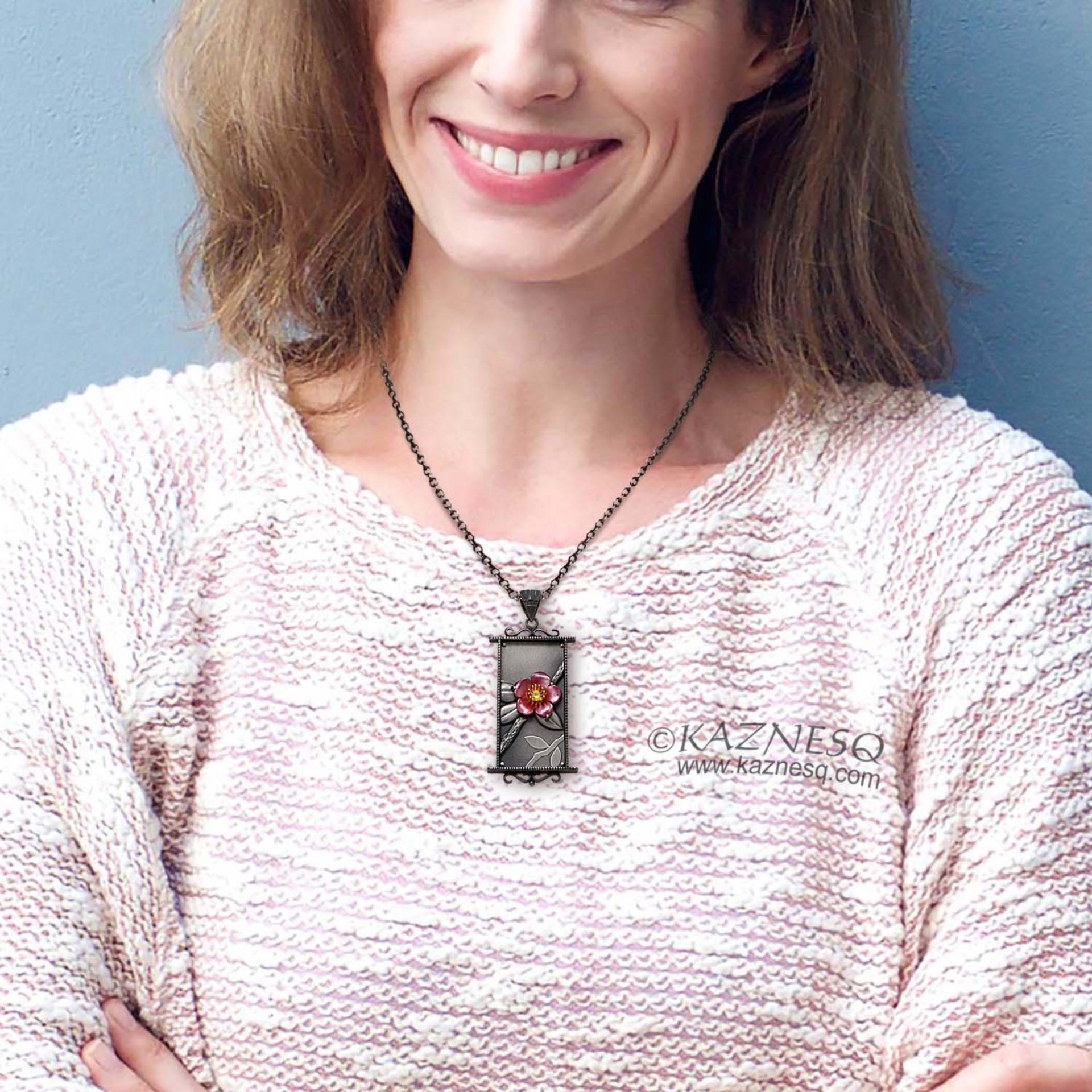 (C) KAZNESQ: Camellia pendant necklace of heat patinaed copper and silver