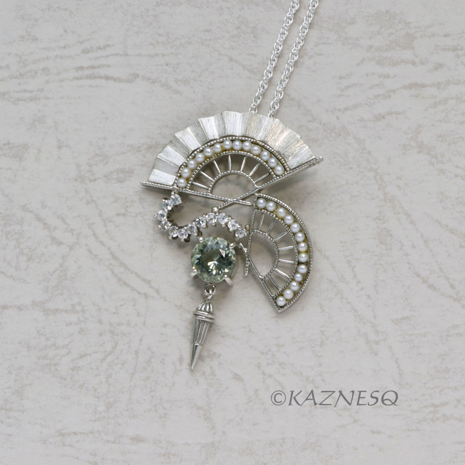 (C) KAZNESQ: Art Deco style Double Fan Green Amethyst Silver Pendant Necklace