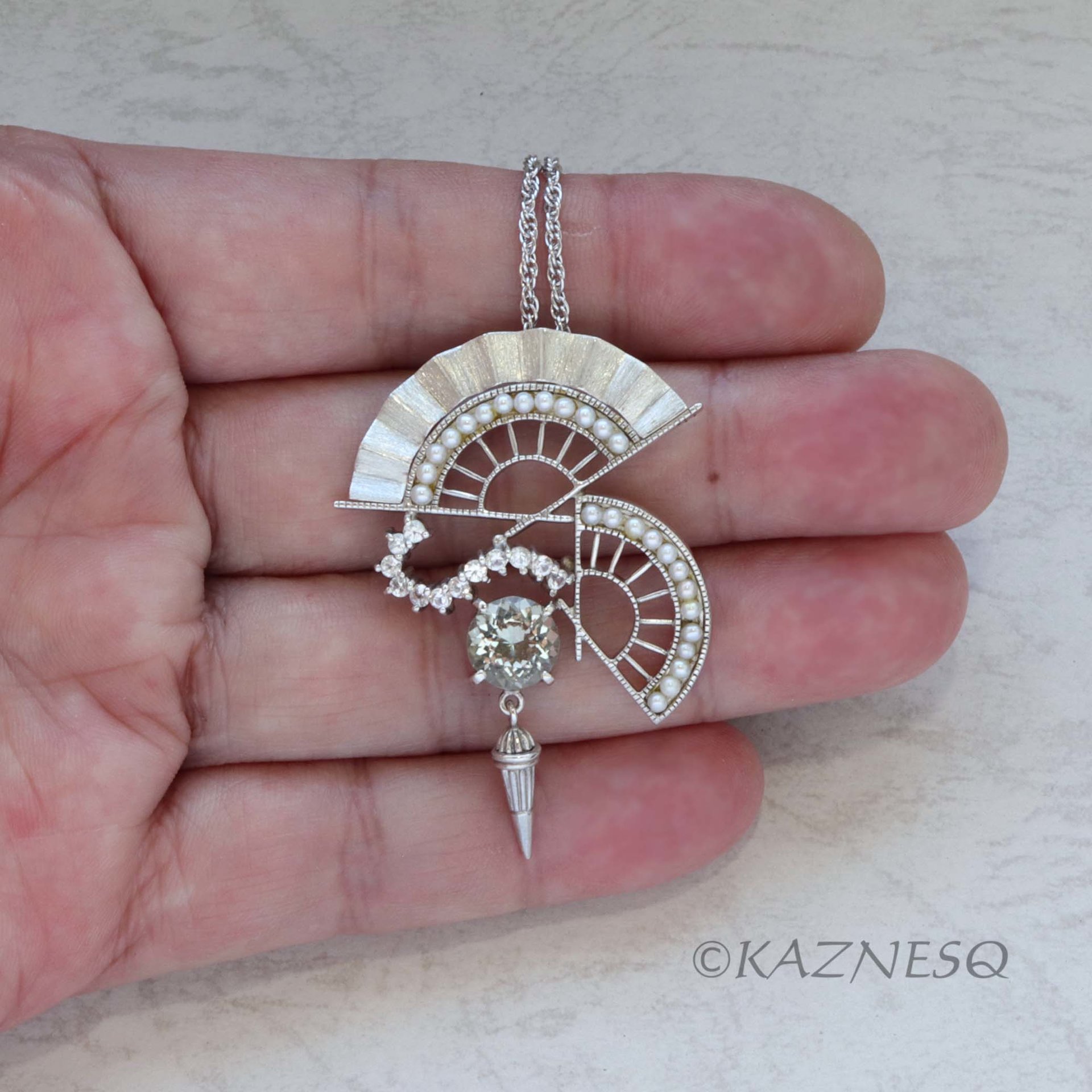 (C) KAZNESQ: Art Deco style Double Fan Green Amethyst Silver Pendant Necklace