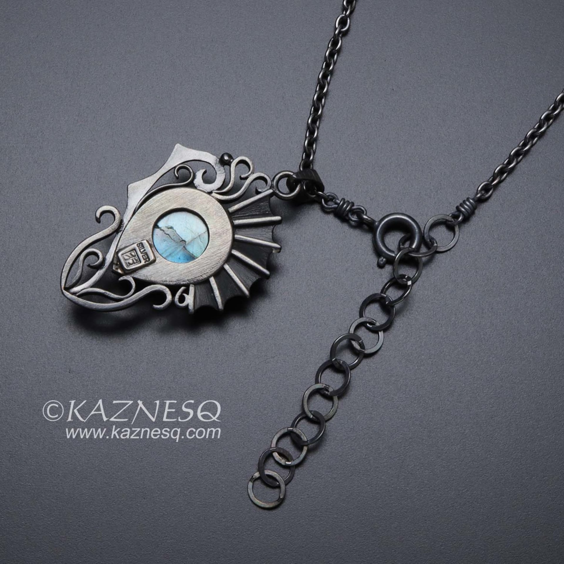 (C) KAZNESQ: Labradorite oxidized silver pendant necklace of Goth style