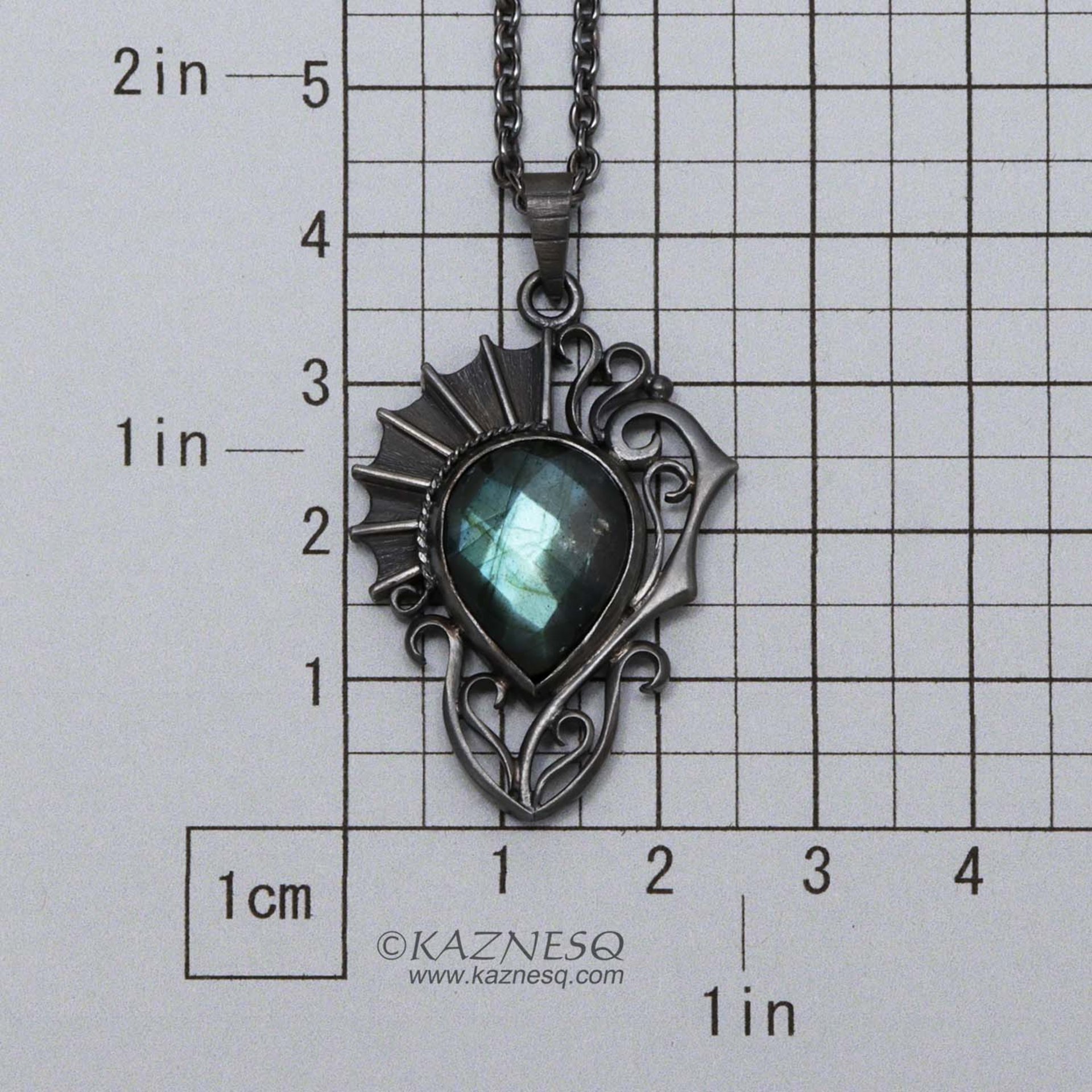 (C) KAZNESQ: Labradorite oxidized silver pendant necklace of Goth style