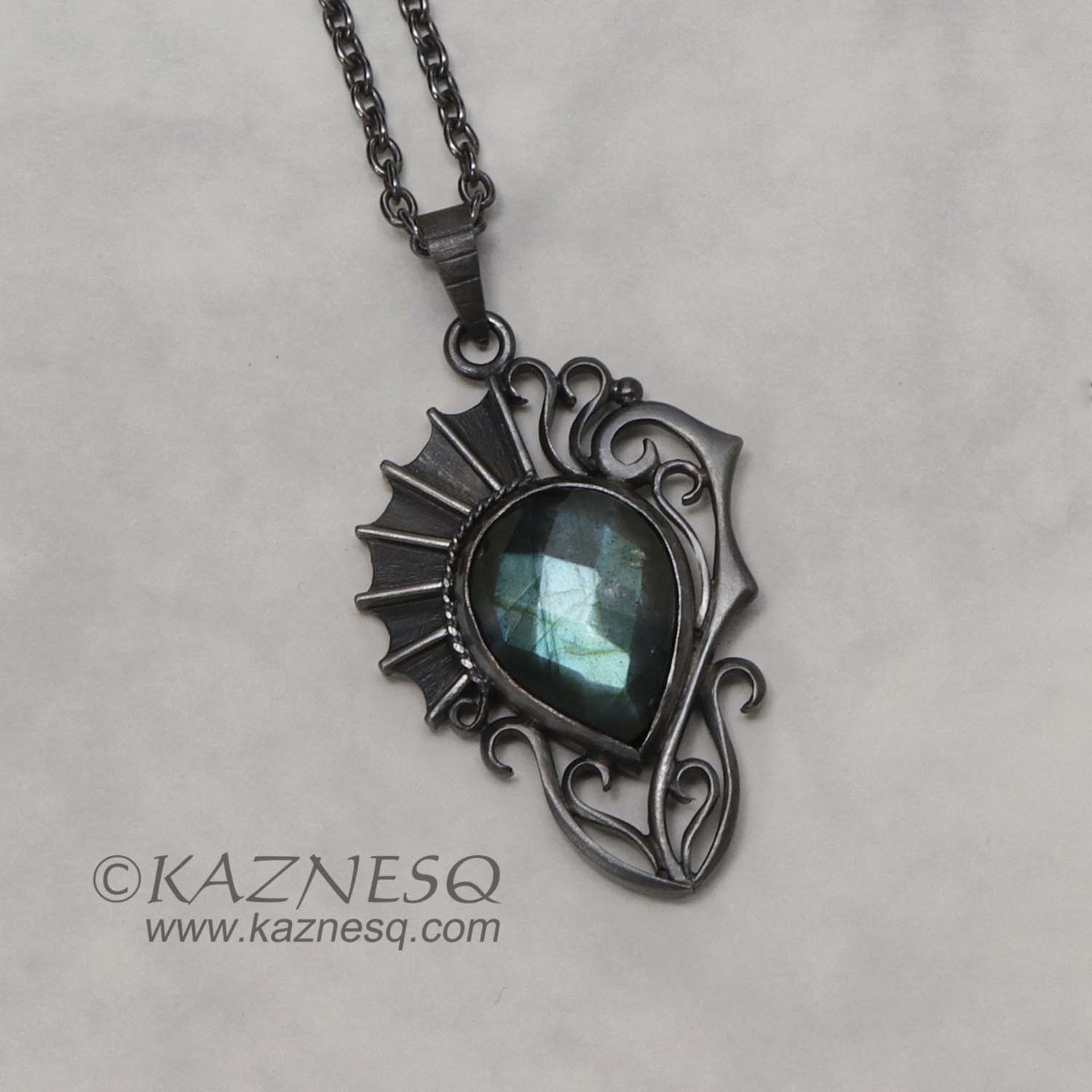 (C) KAZNESQ: Labradorite oxidized silver pendant necklace of Goth style