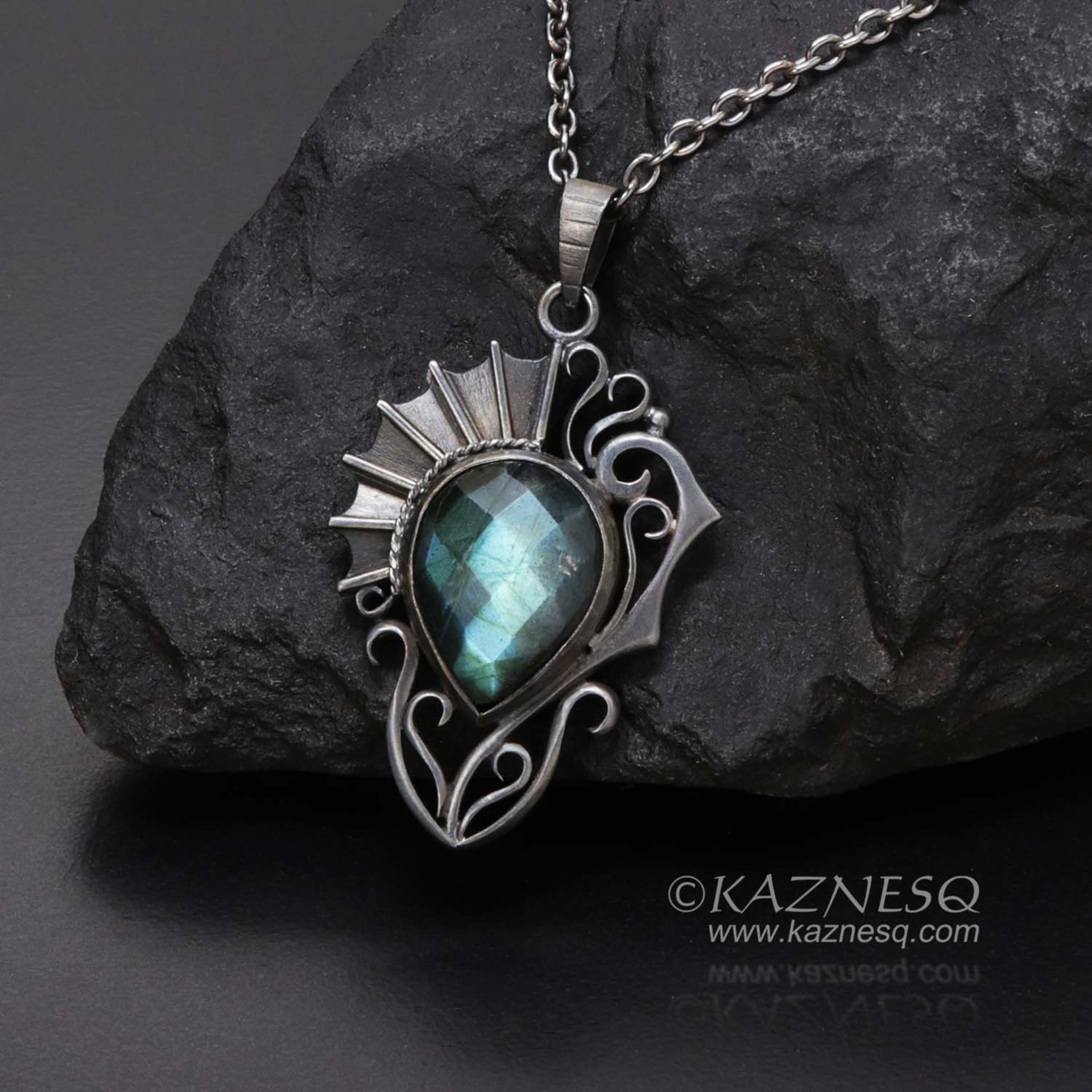(C) KAZNESQ: Labradorite oxidized silver pendant necklace of Goth style