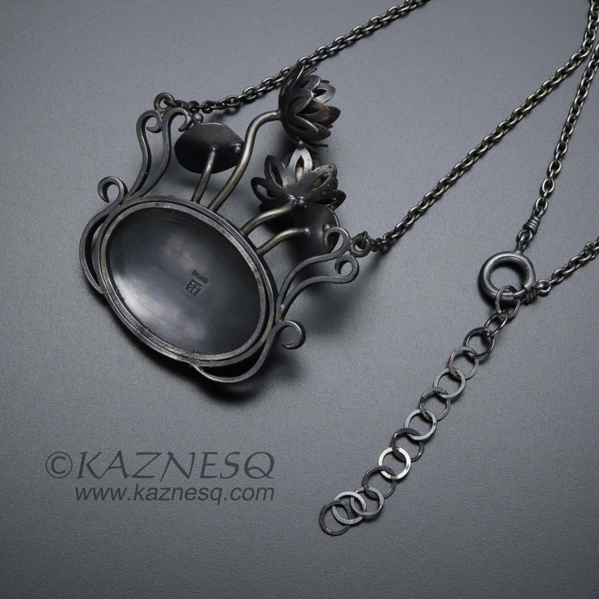 (C) KAZNESQ: Art Nouveau Lotus flowers oxidized silver pendant necklace