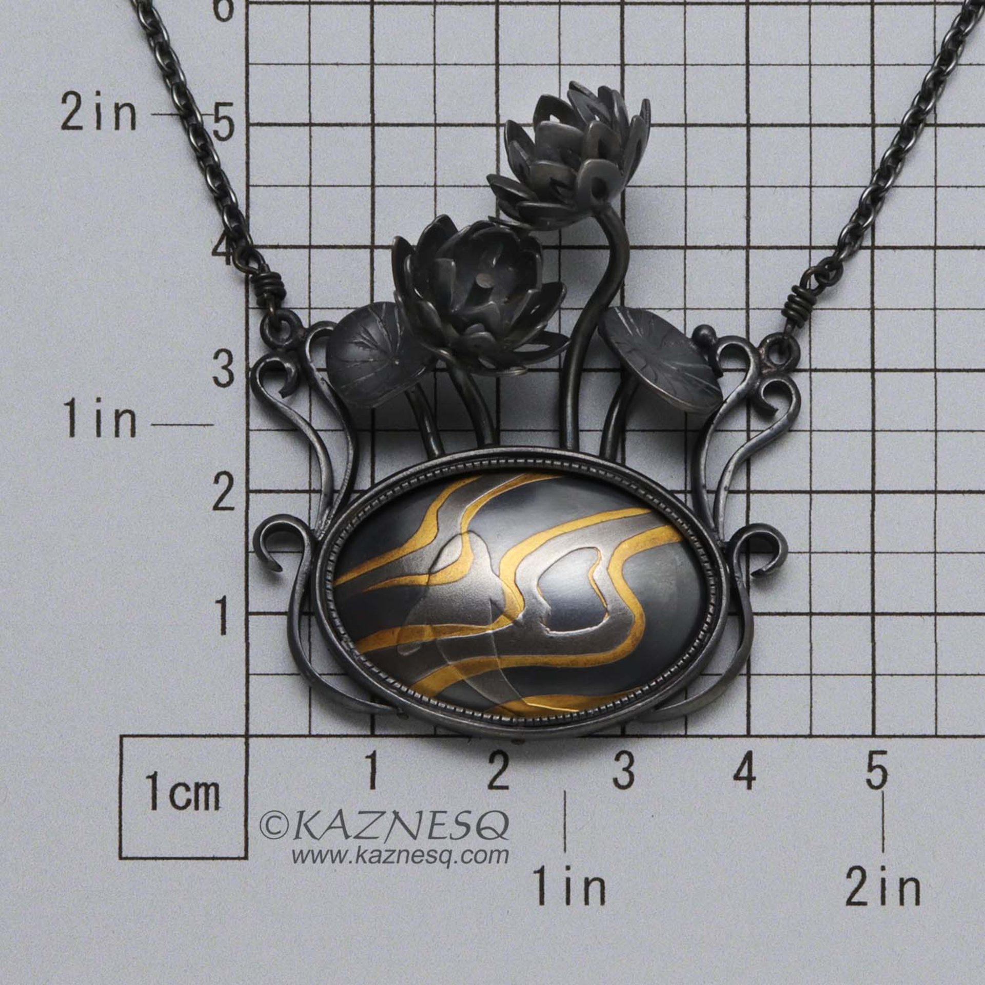 (C) KAZNESQ: Art Nouveau Lotus flowers oxidized silver pendant necklace