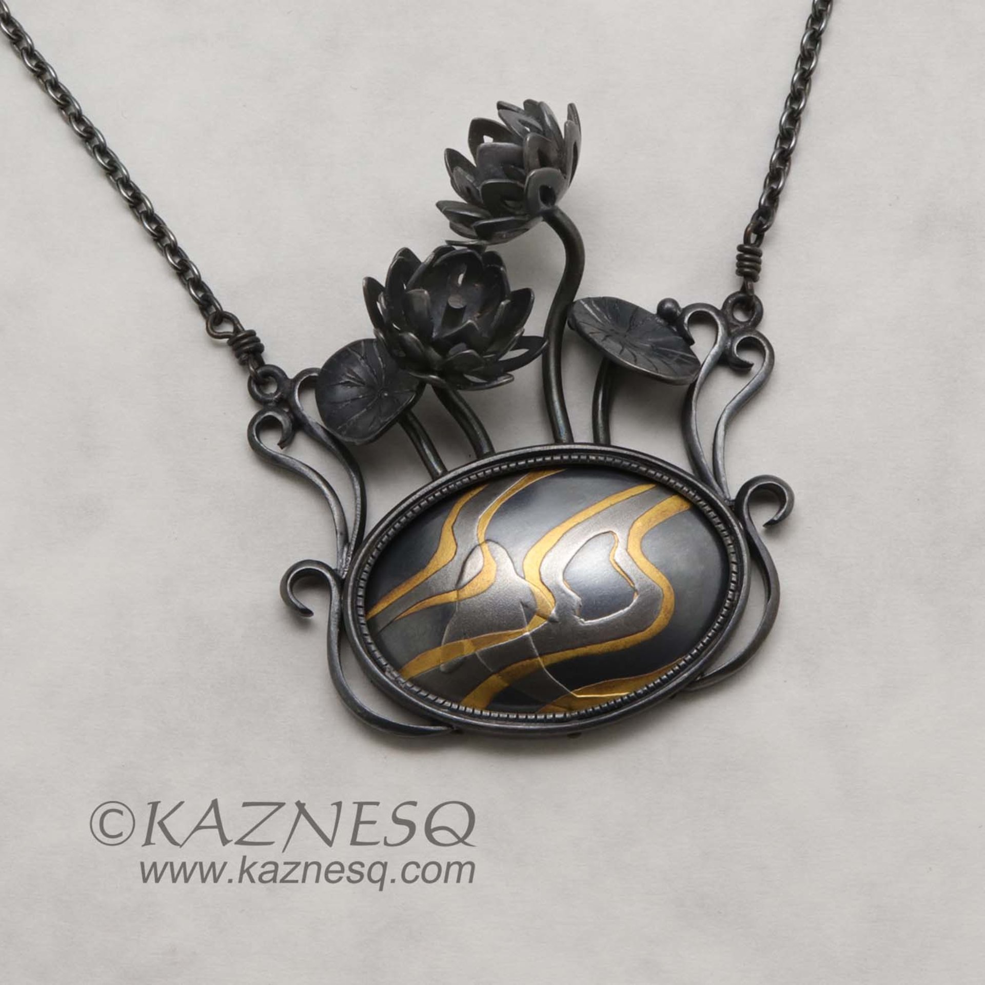 (C) KAZNESQ: Art Nouveau Lotus flowers oxidized silver pendant necklace