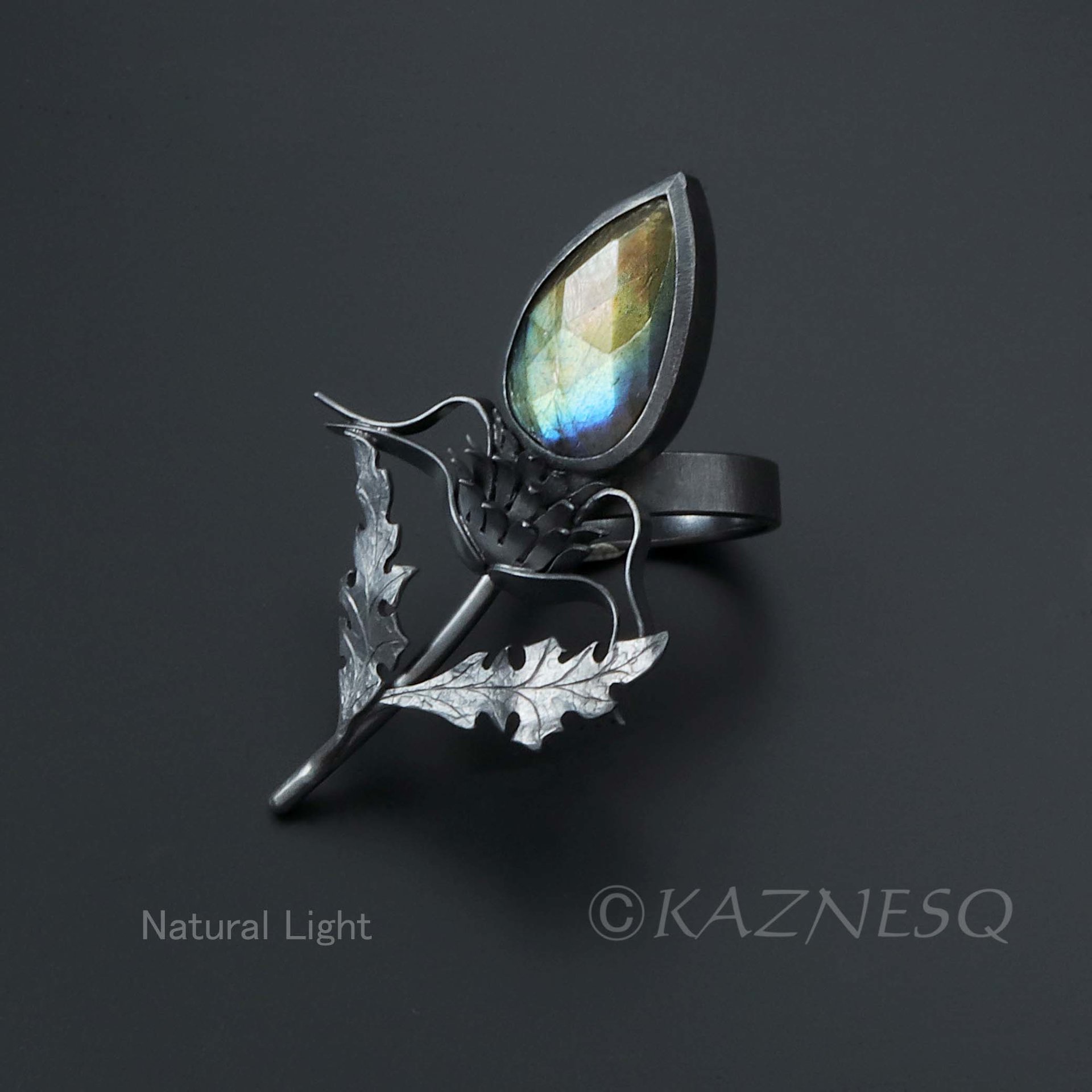 (C) KAZNESQ:Labradorite oxidized silver thistle ring