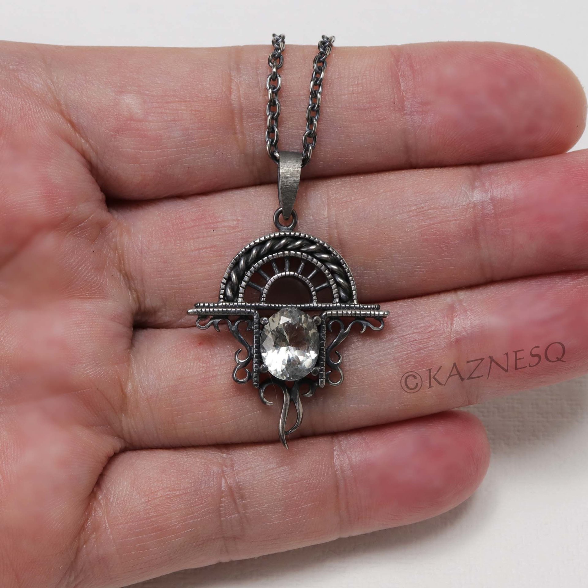 (C)KAZNESQ: Green amethyst oxidized silver Goth look arch pendant necklace