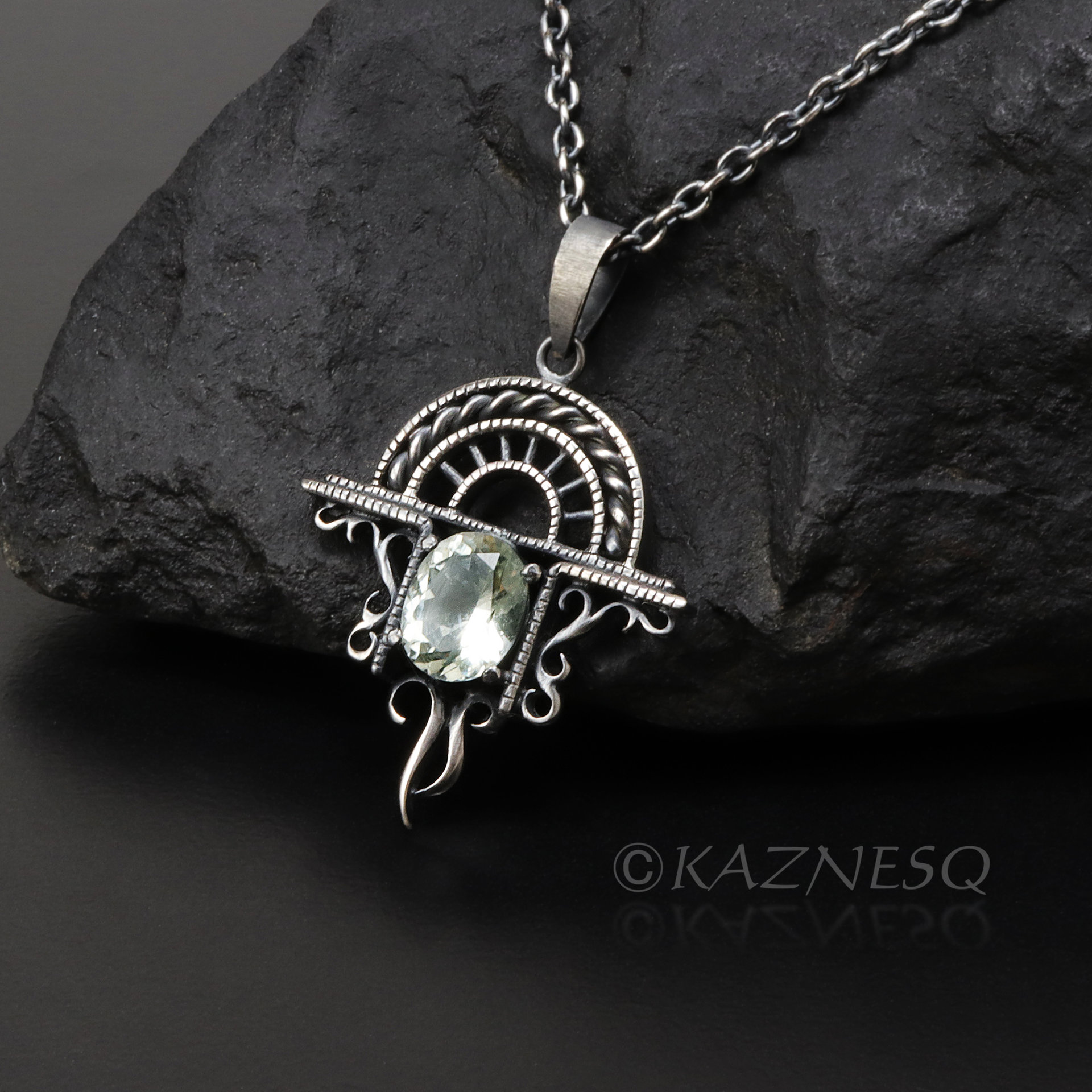 (C)KAZNESQ: Green amethyst oxidized silver Goth look arch pendant necklace