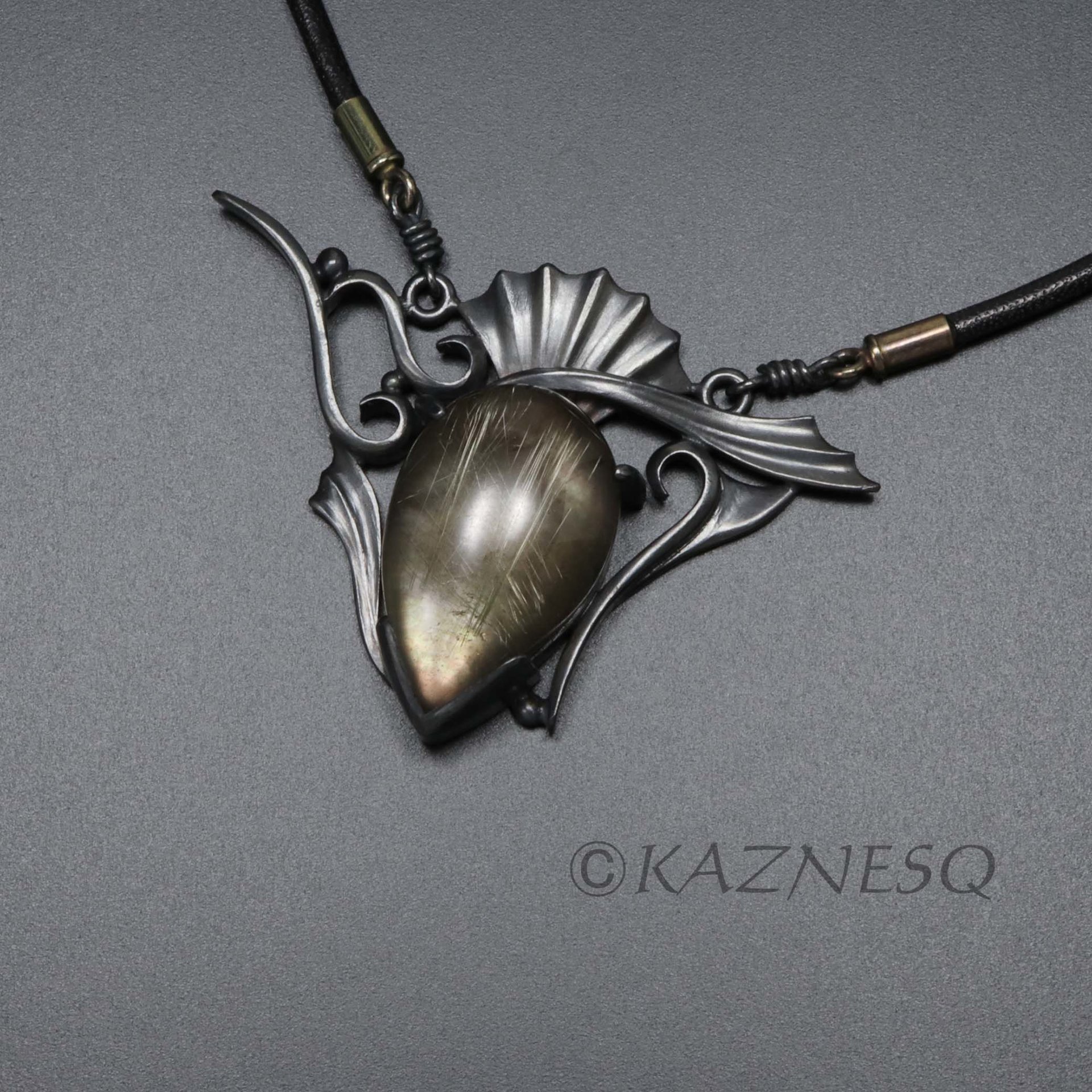(C) KAZNESQ: Rutilated quartz oxidized silver Goth necklace