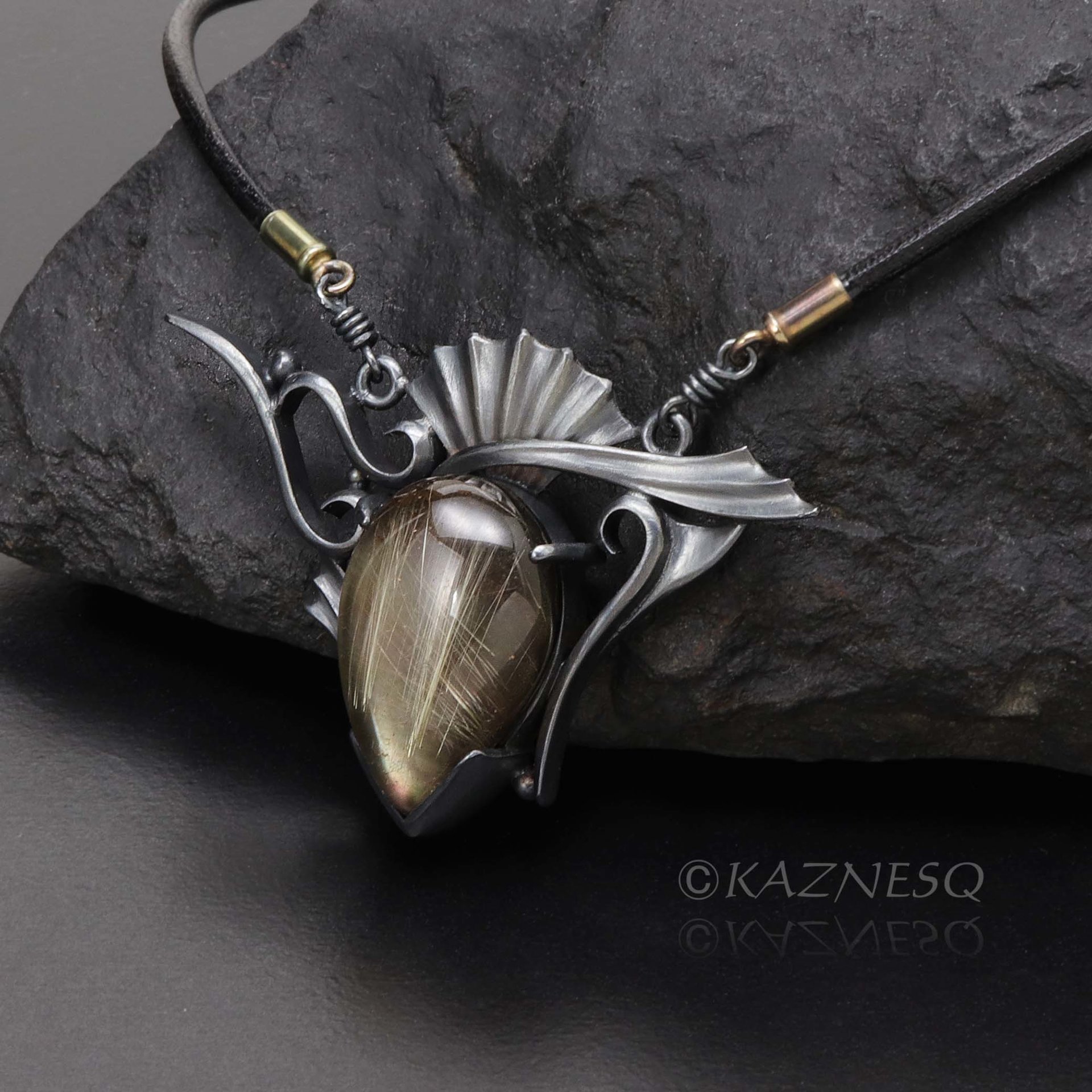 (C) KAZNESQ: Rutilated quartz oxidized silver Goth necklace