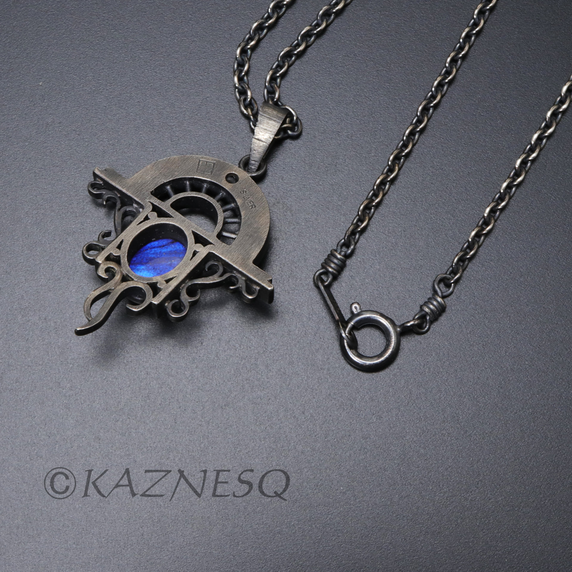 (C)KAZNESQ:Blue labradorite cab oxidized silver Goth look arch pendant necklace