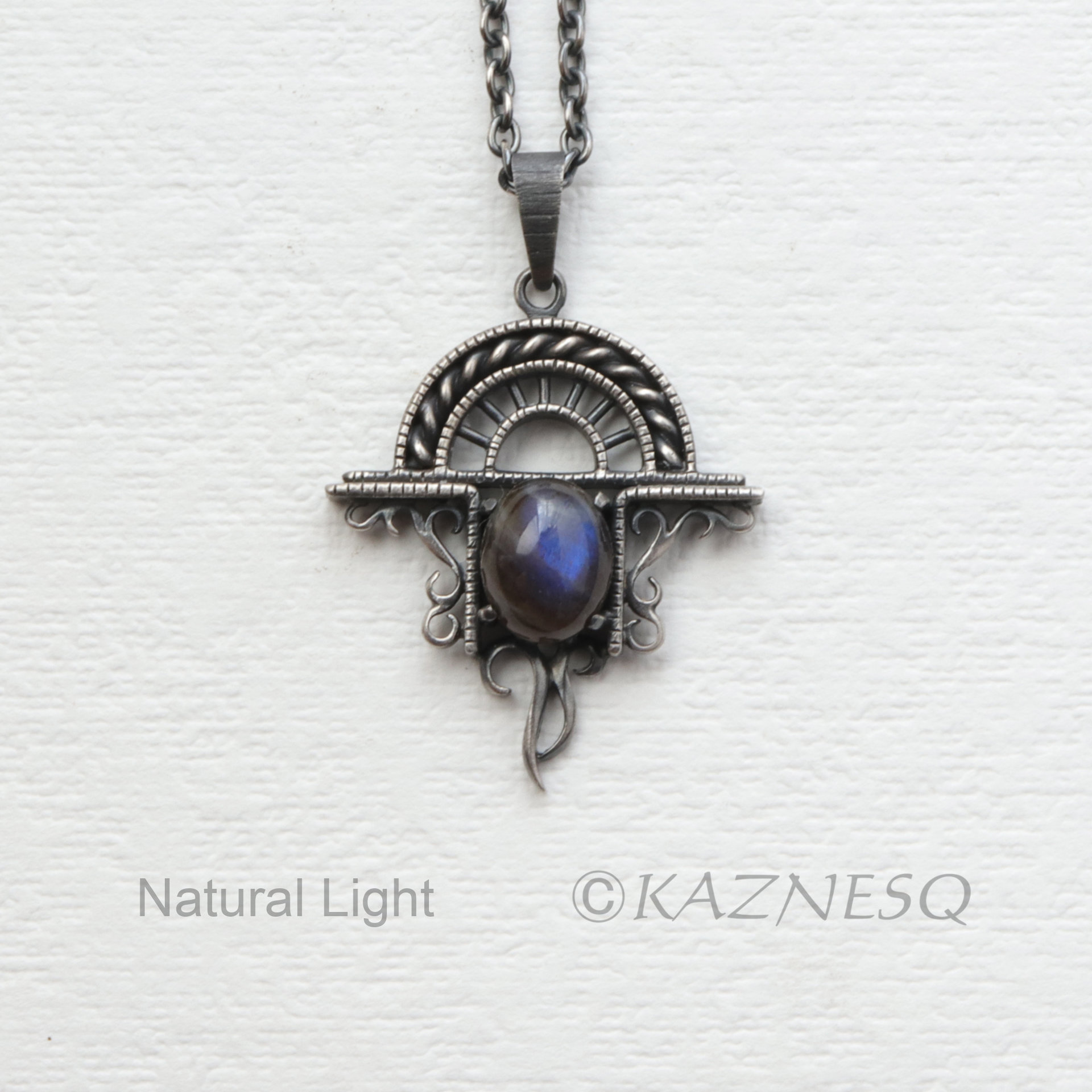 (C)KAZNESQ:Blue labradorite cab oxidized silver Goth look arch pendant necklace