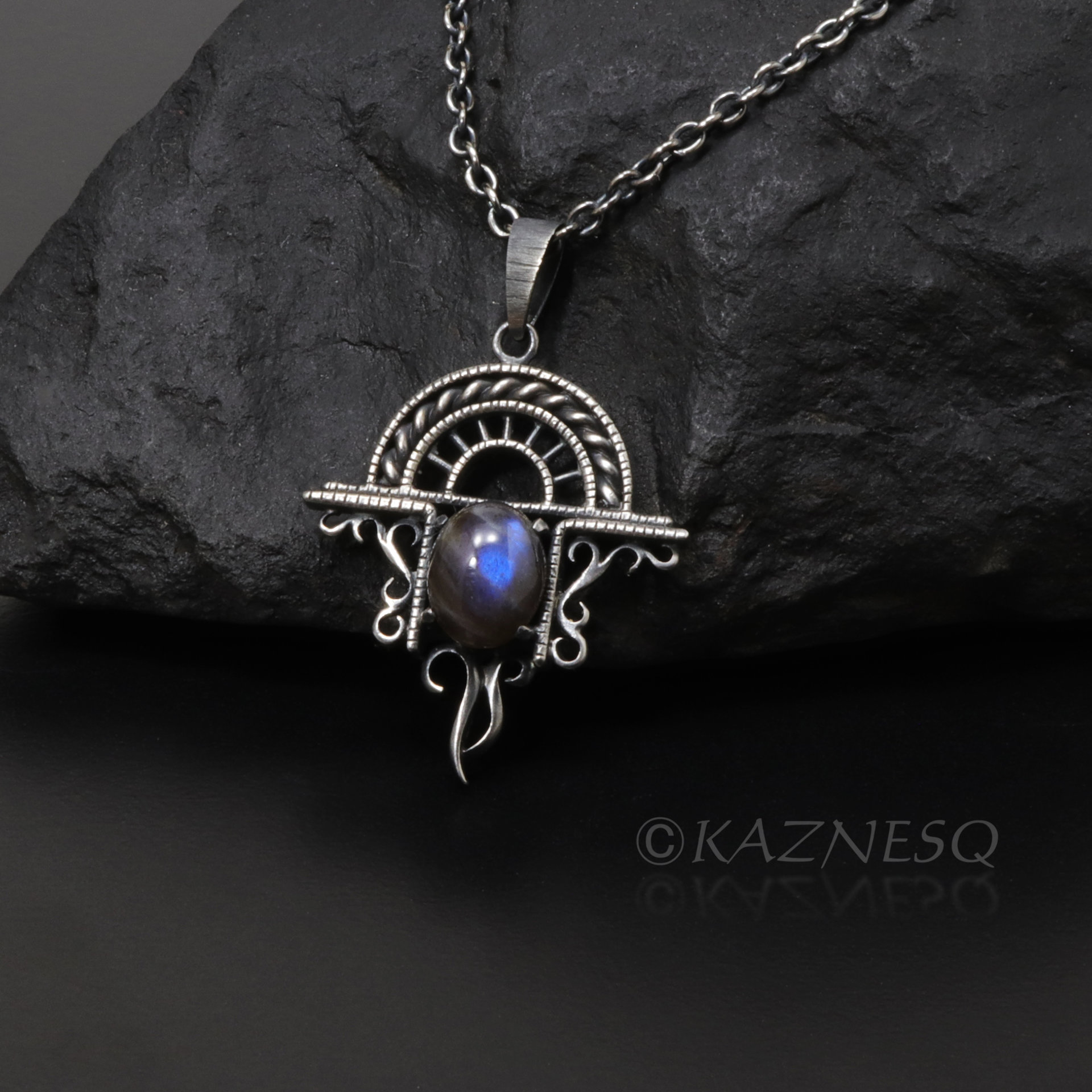 (C)KAZNESQ:Blue labradorite cab oxidized silver Goth look arch pendant necklace
