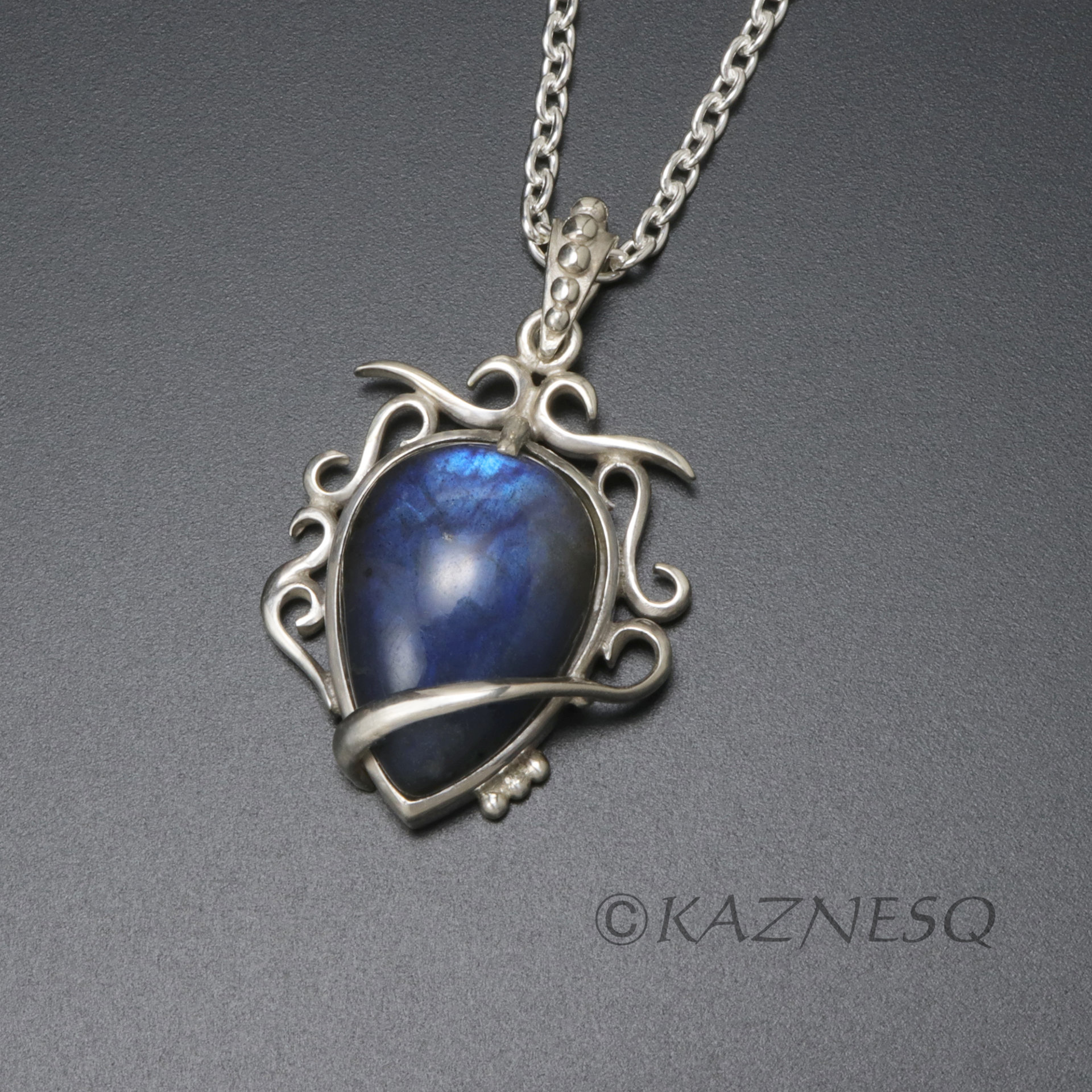 (C) KAZNESQ: Blue labradorite Art Nouveau style silver pendant necklace
