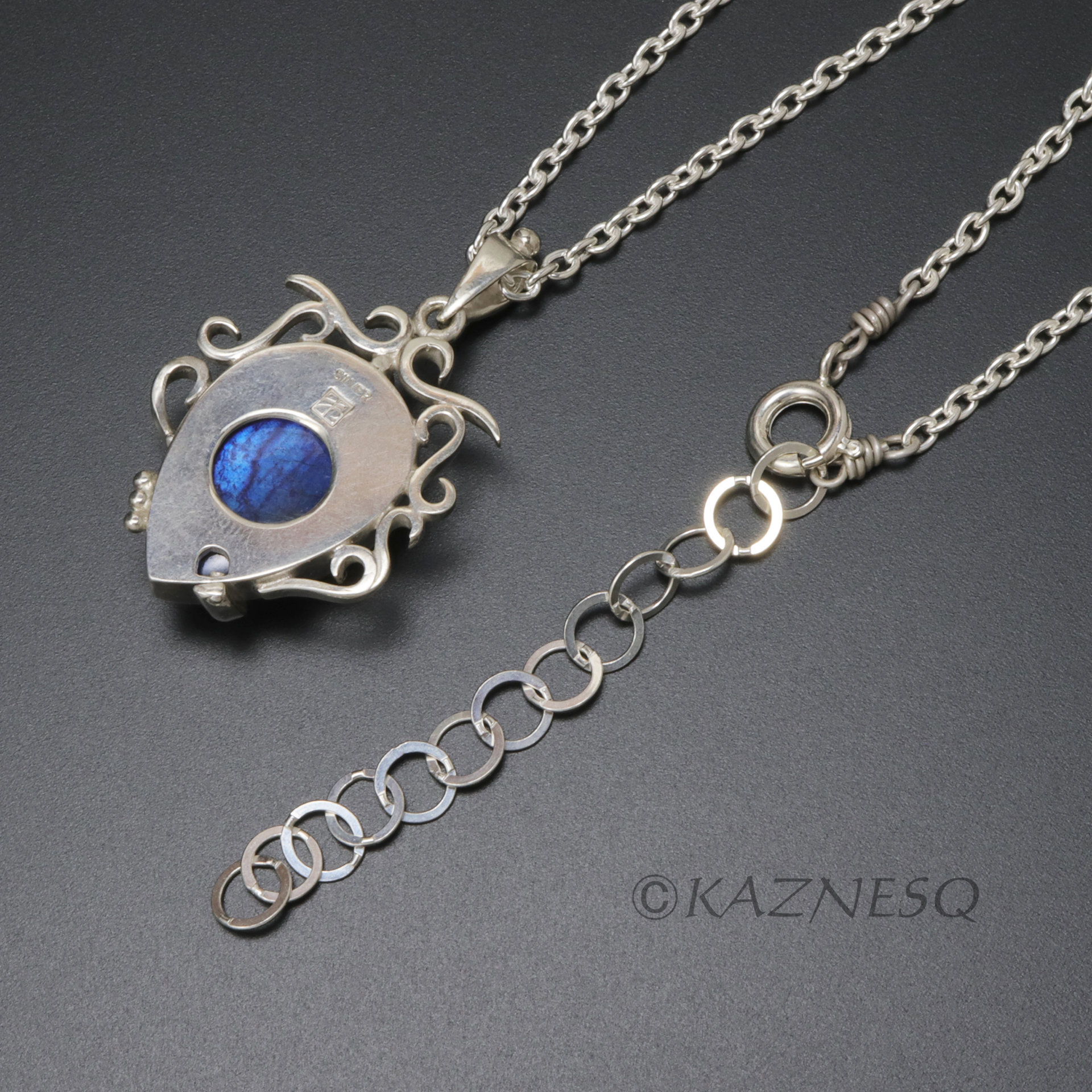 (C) KAZNESQ: Blue labradorite Art Nouveau style silver pendant necklace