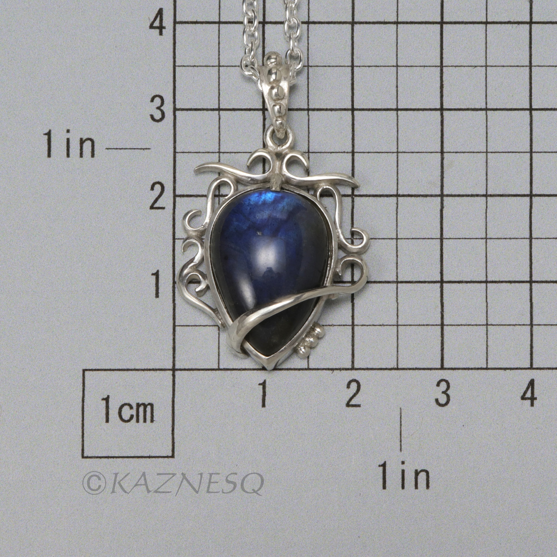 (C) KAZNESQ: Blue labradorite Art Nouveau style silver pendant necklace