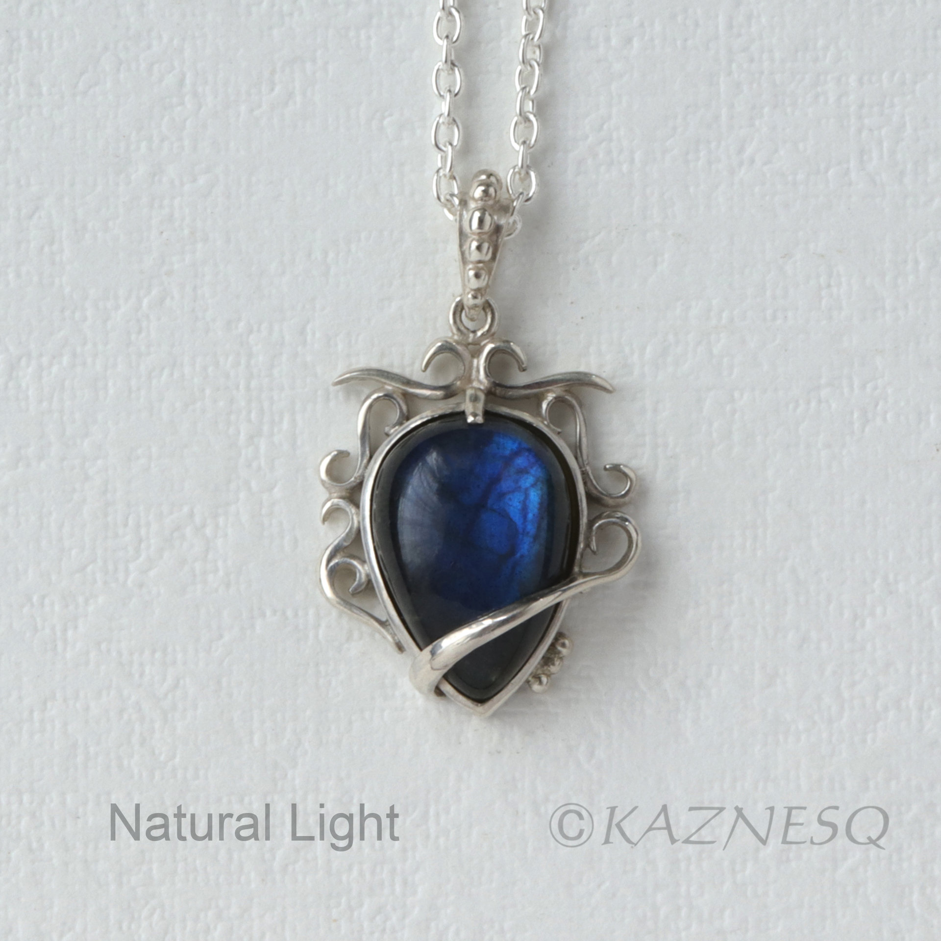 (C) KAZNESQ: Blue labradorite Art Nouveau style silver pendant necklace