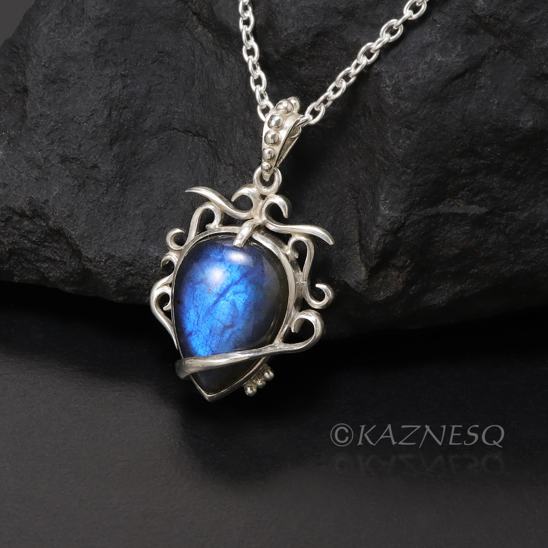 (C) KAZNESQ: Blue labradorite Art Nouveau style silver pendant necklace