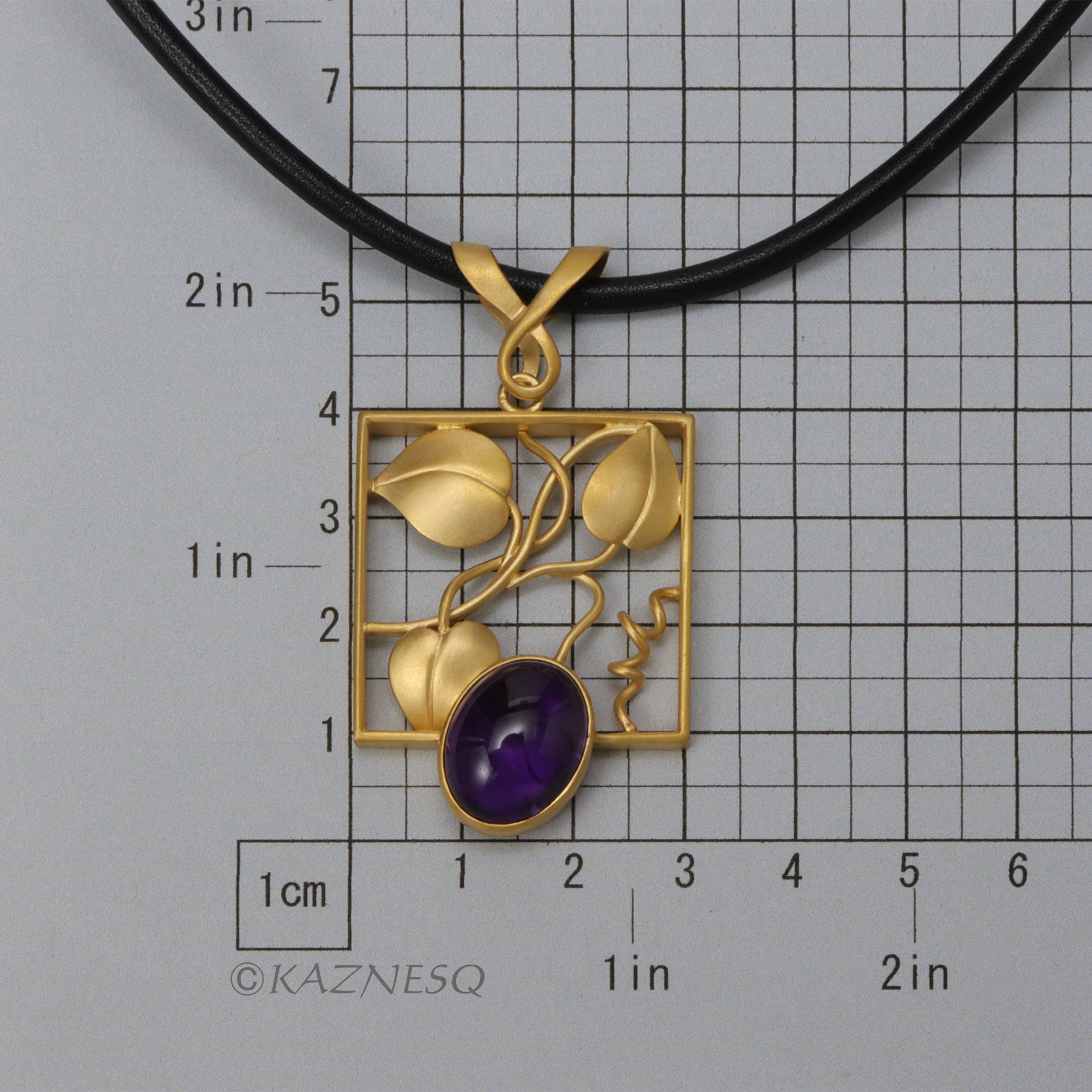 (C) KAZNESQ: Leaf motif amethyst gold tone silver square pendant necklace
