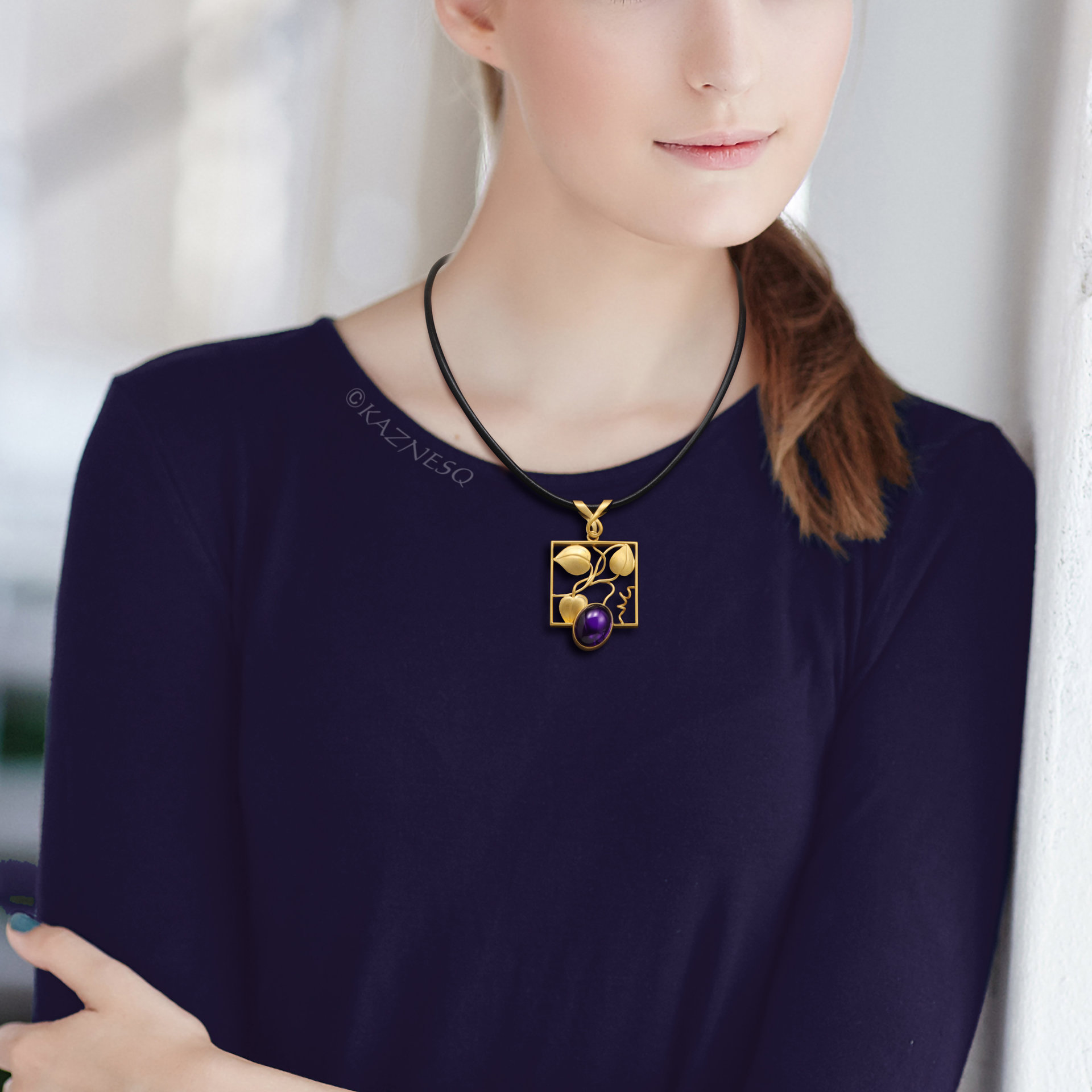 (C) KAZNESQ: Leaf motif amethyst gold tone silver square pendant necklace