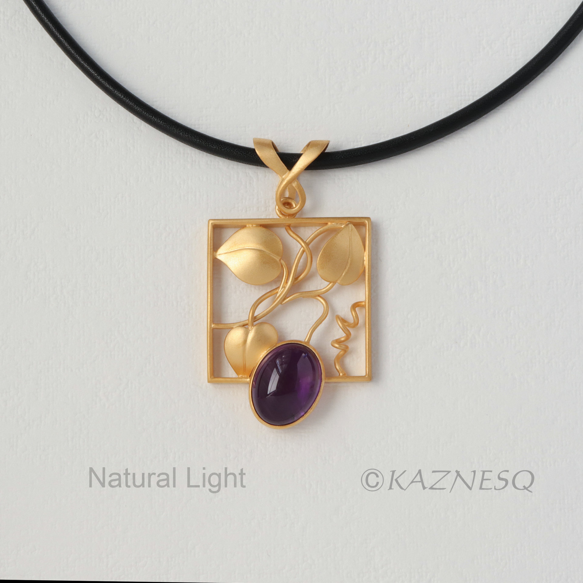 (C) KAZNESQ: Leaf motif amethyst gold tone silver square pendant necklace