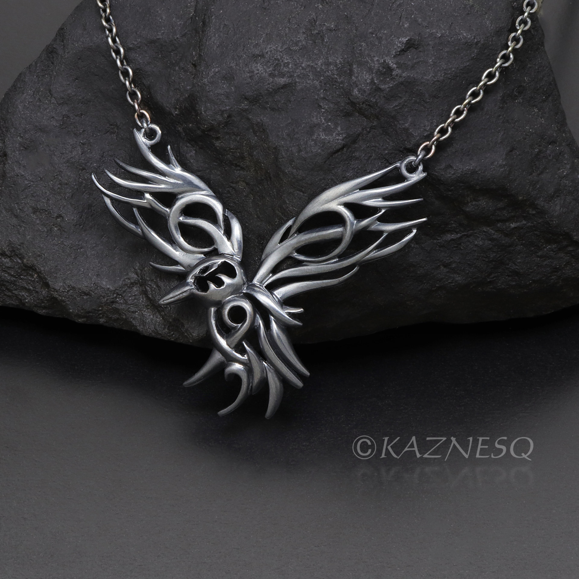 C) KAZNESQ: Openwork raven oxidized silver necklace, Goth pendant, Vikings