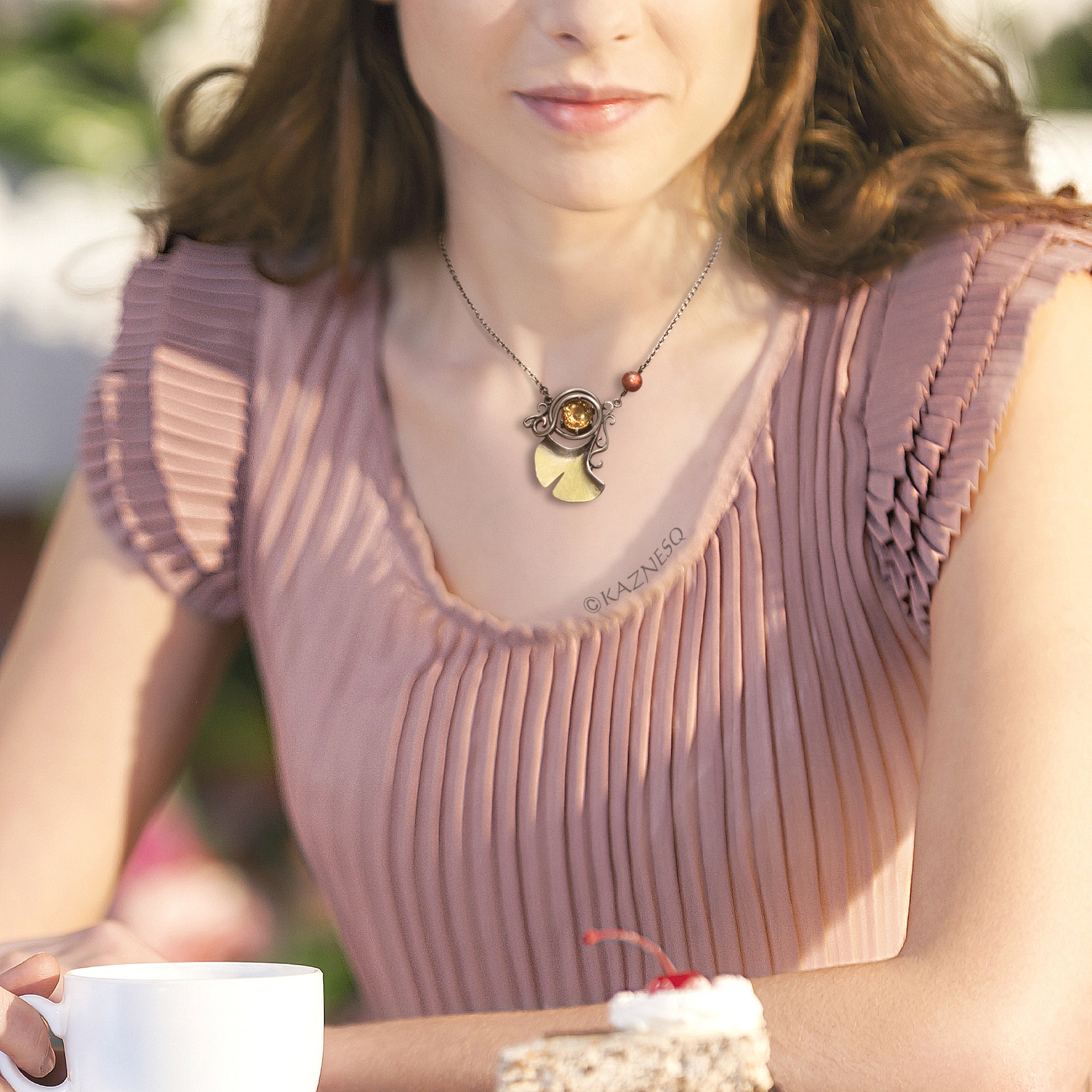 (C) KAZNESQ: Ginkgo citrine autumn fashion silver necklace