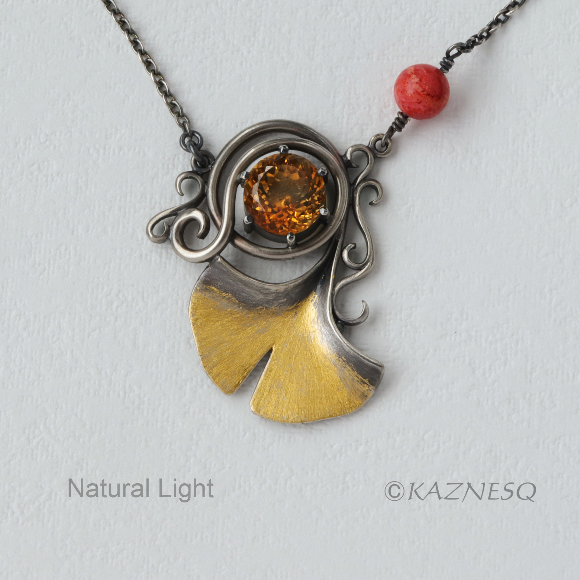 (C) KAZNESQ: Ginkgo citrine autumn fashion silver necklace