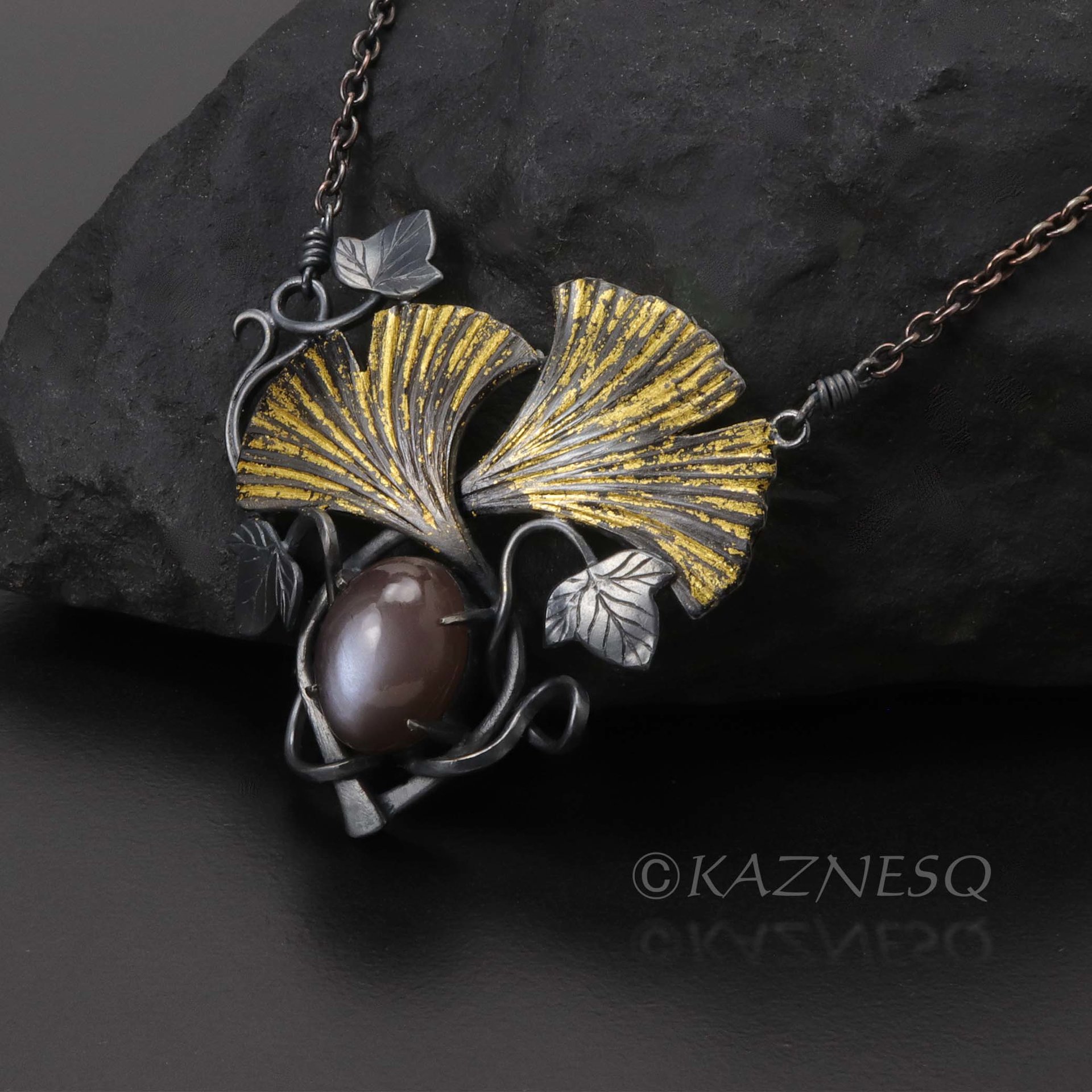 (C) KAZNESQ: Art Nouveau ginkgo necklace with brown moonstone and gold leaf