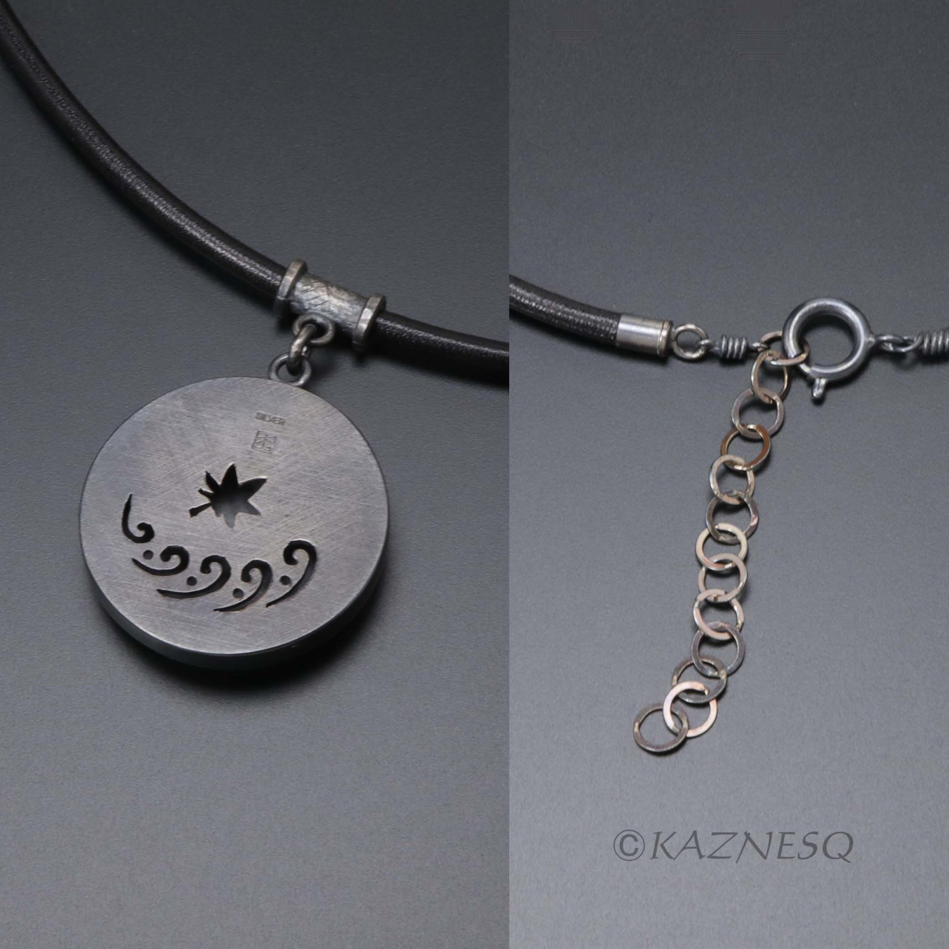 (C)KAZNESQ: Autumn leaf circle Keum Boo oxidized silver pendant necklace