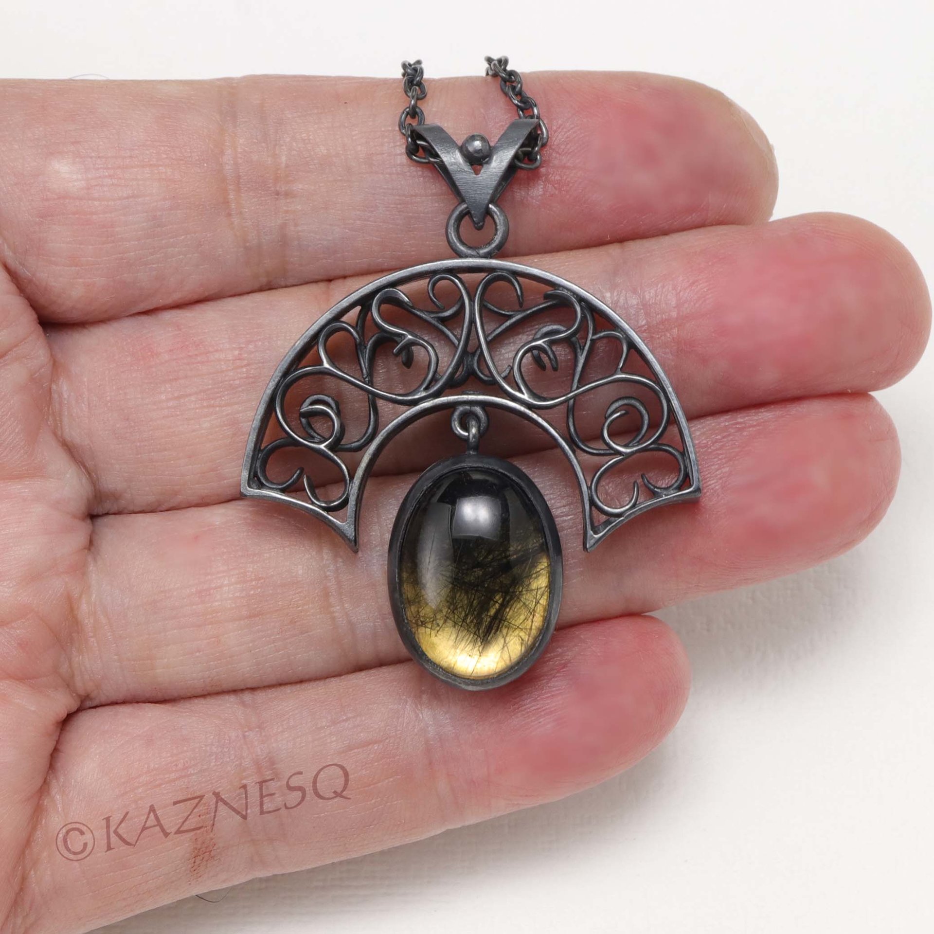 (C) KAZNESQ: Tourmaline quartz Art Nouveau style arch pendant necklace
