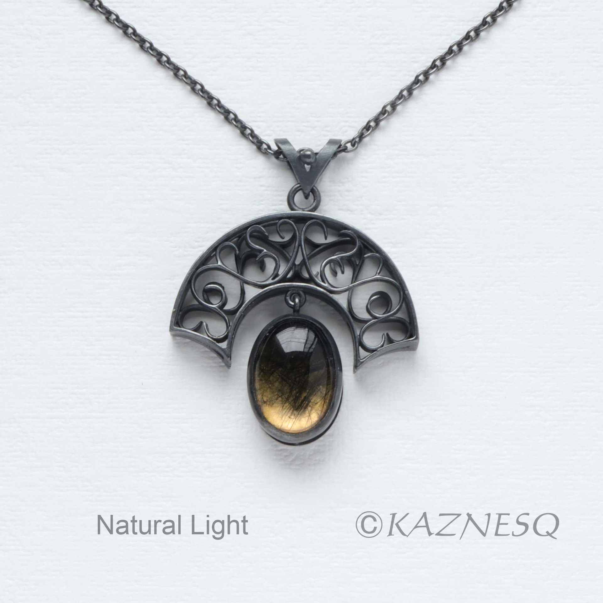 (C) KAZNESQ: Tourmaline quartz Art Nouveau style arch pendant necklace